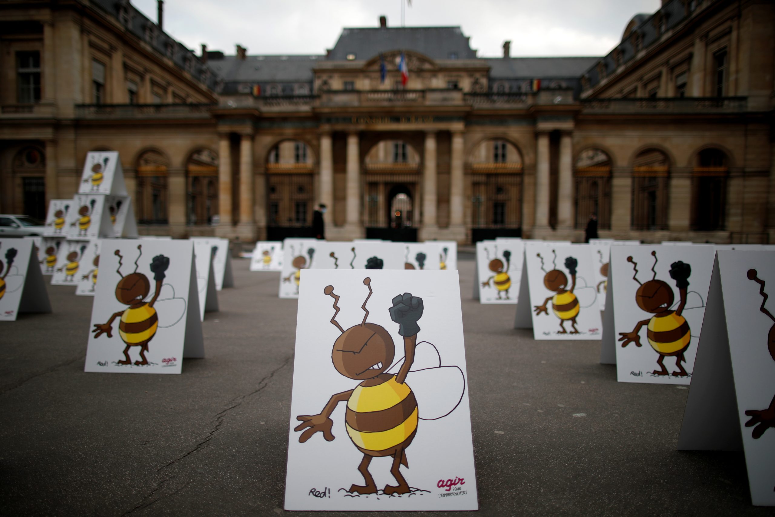 Environmental activists protest near the Conseil d'Etat as it will rule on a request by campaigners for the suspension of a government decision to ease a ban on bee-killing neonicotonoid pesticides in Paris, France, March 9, 2021. REUTERS/Gonzalo Fuentes