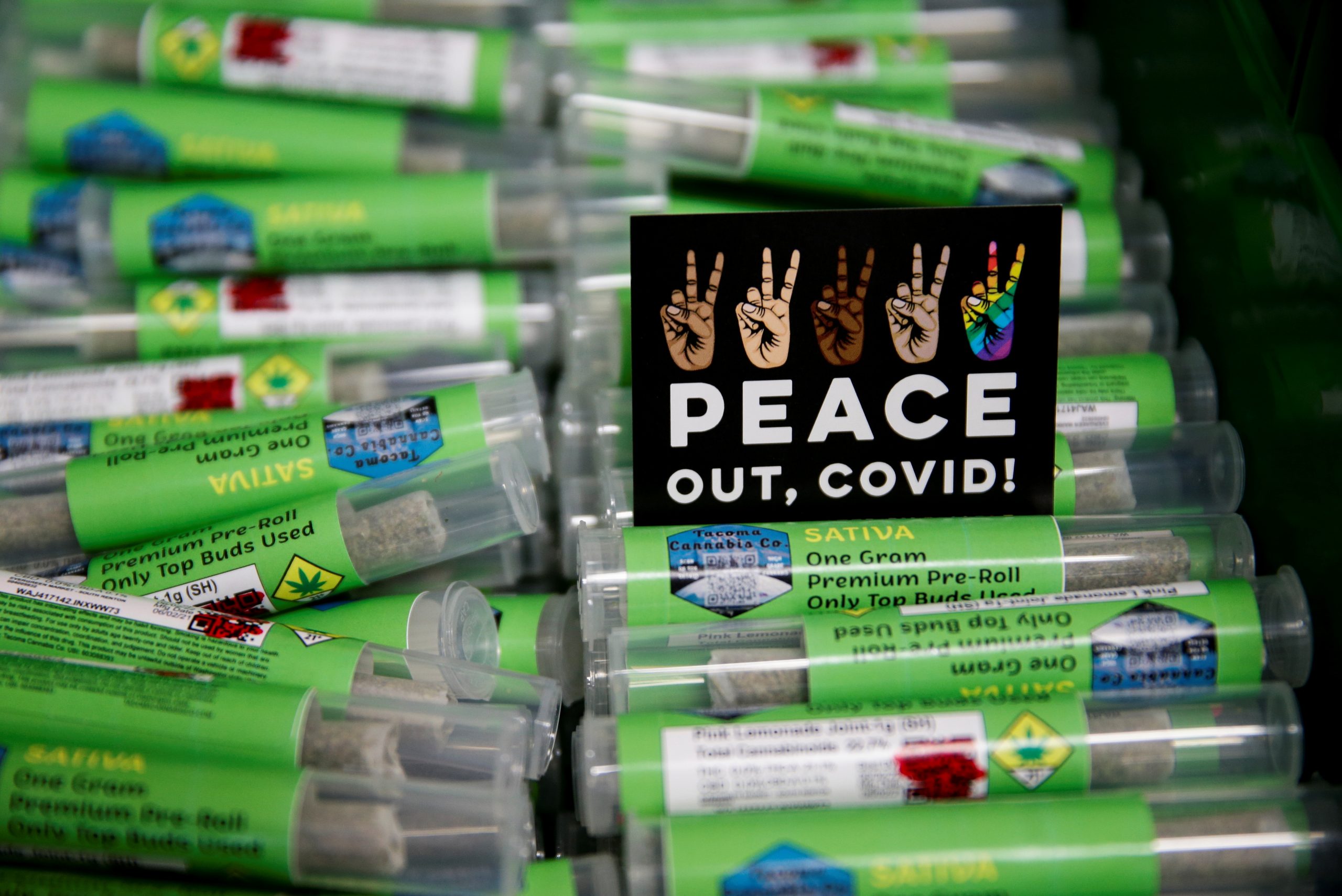 Free joints of marijuana for people who get a coronavirus disease (COVID-19) vaccine as part of the "Joints for Jabs" initiative are pictured at the Evergreen Market cannabis store in Auburn, Washington, U.S., June 18, 2021.  REUTERS/Lindsey Wasson