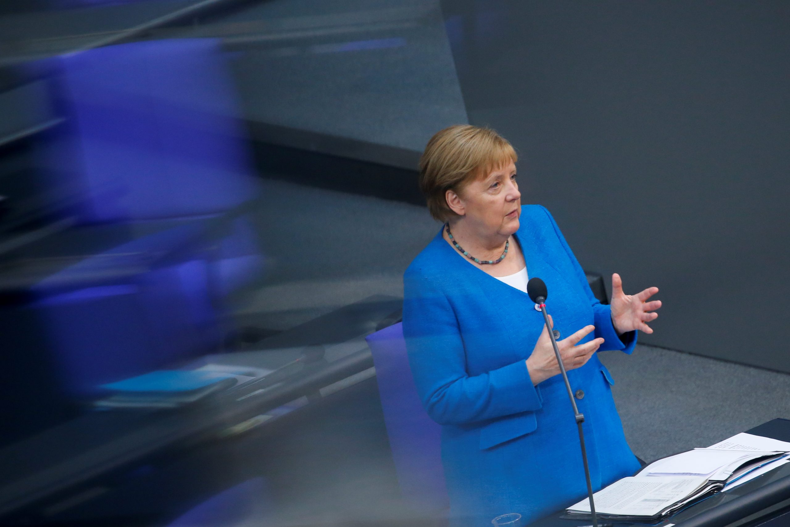 German Chancellor Angela Merkel speaks during the last session of the lower house of parliament Bundestag before federal elections, in Berlin, Germany, June 23, 2021. REUTERS/Michele Tantussi