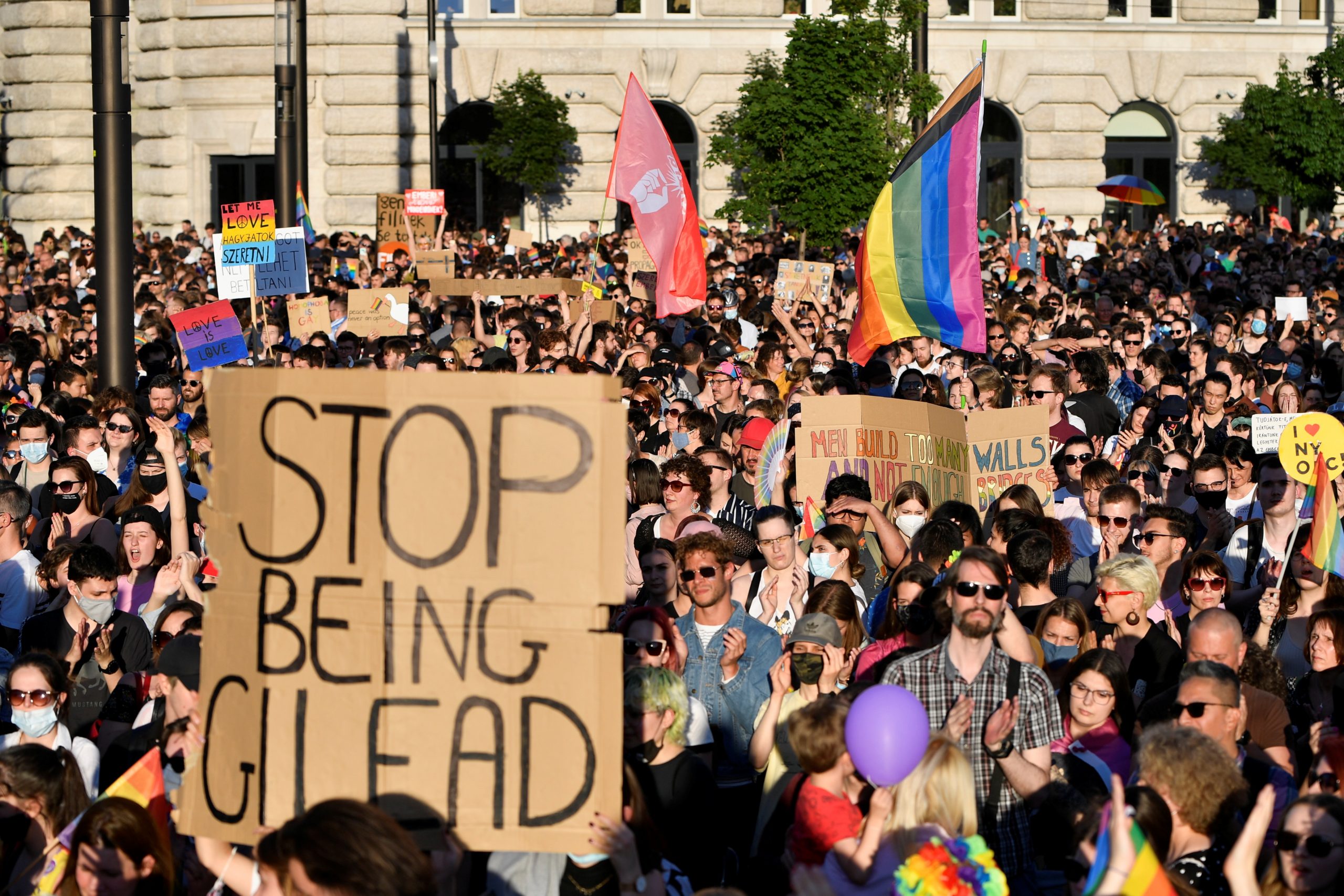 Demonstrators protest against Hungarian Prime Minister Viktor Orban and the latest anti-LGBTQ law in Budapest, Hungary, June 14, 2021. REUTERS/Marton Monus