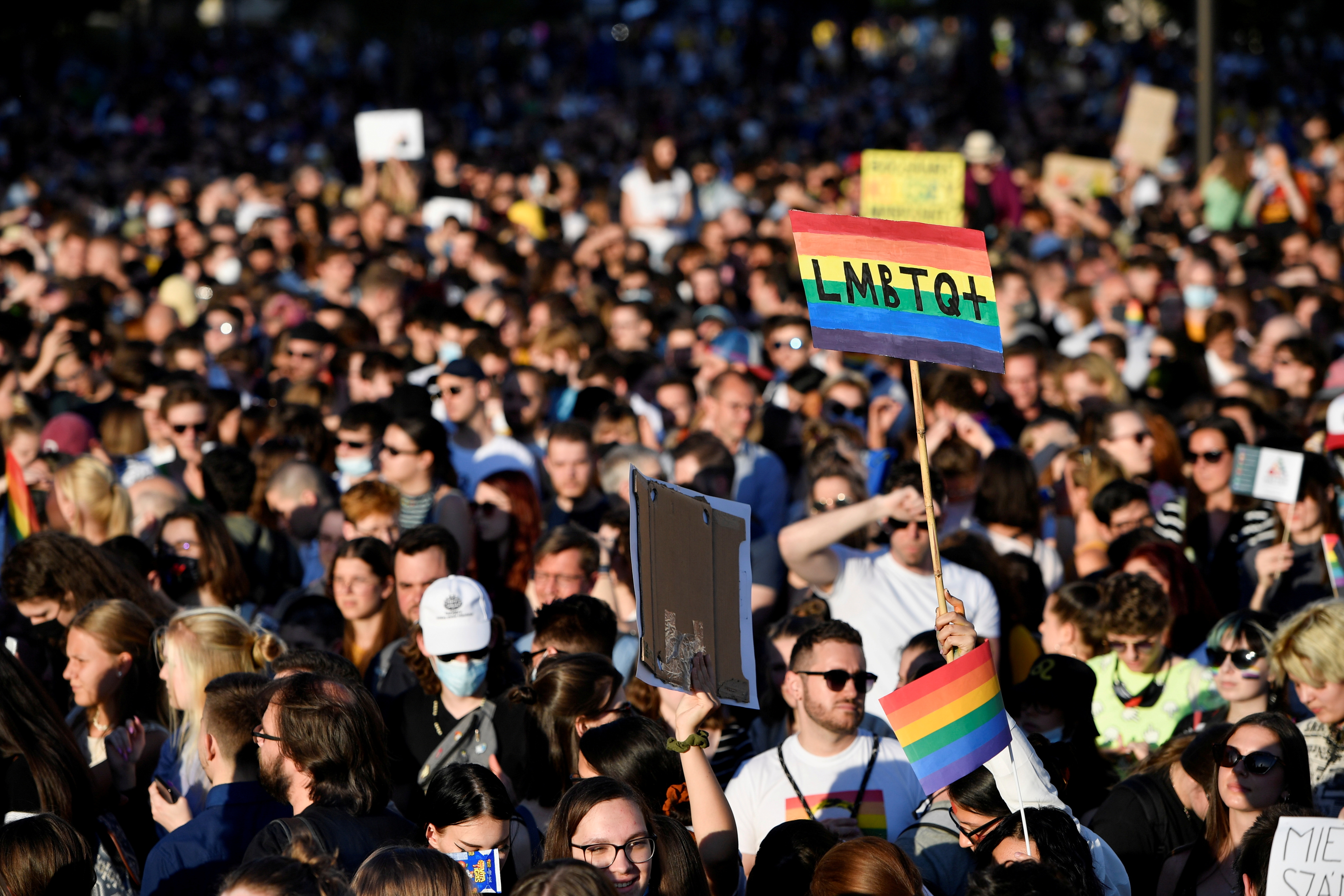 FILE PHOTO: Demonstrators protest against Hungarian Prime Minister Viktor Orban and the latest anti-LGBTQ law in Budapest, Hungary, June 14, 2021. REUTERS/Marton Monus/File Photo