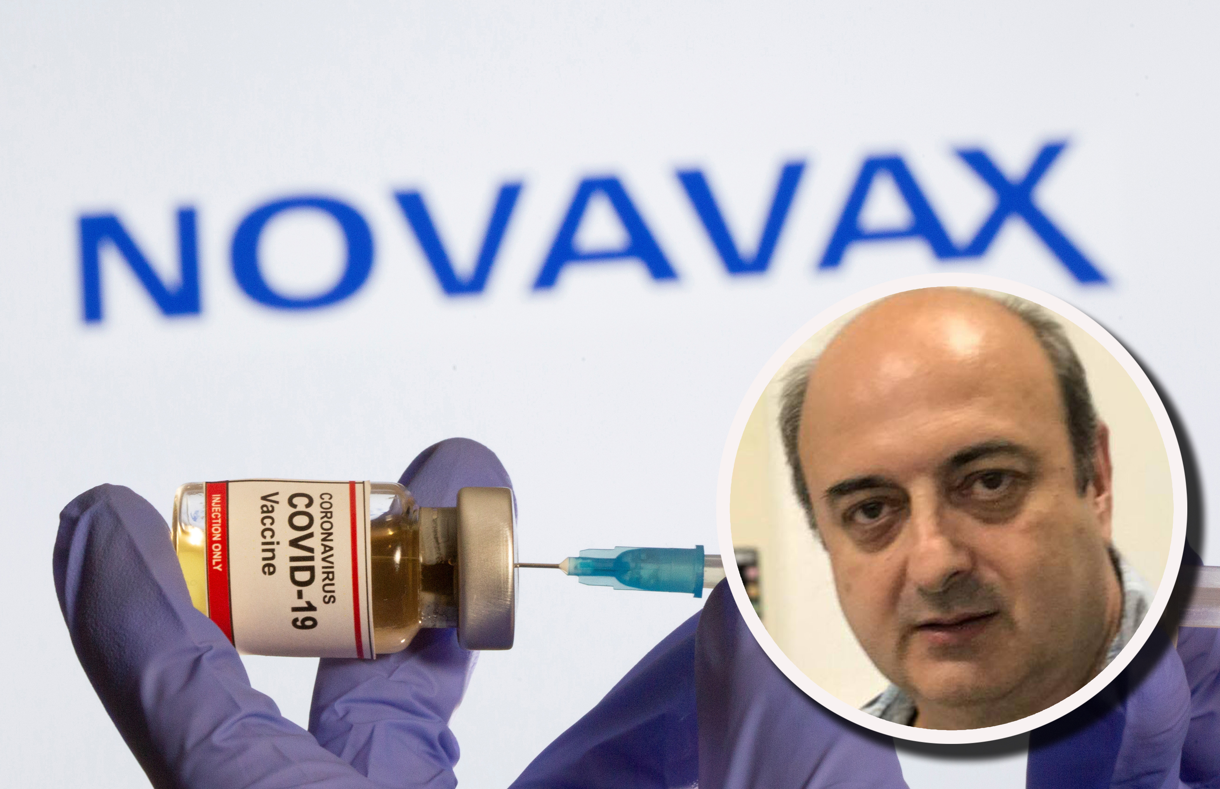 FILE PHOTO: A woman holds a small bottle labeled with a "Coronavirus COVID-19 Vaccine" sticker and a medical syringe in front of displayed Novavax logo in this illustration taken, October 30, 2020. REUTERS/Dado Ruvic/File Photo