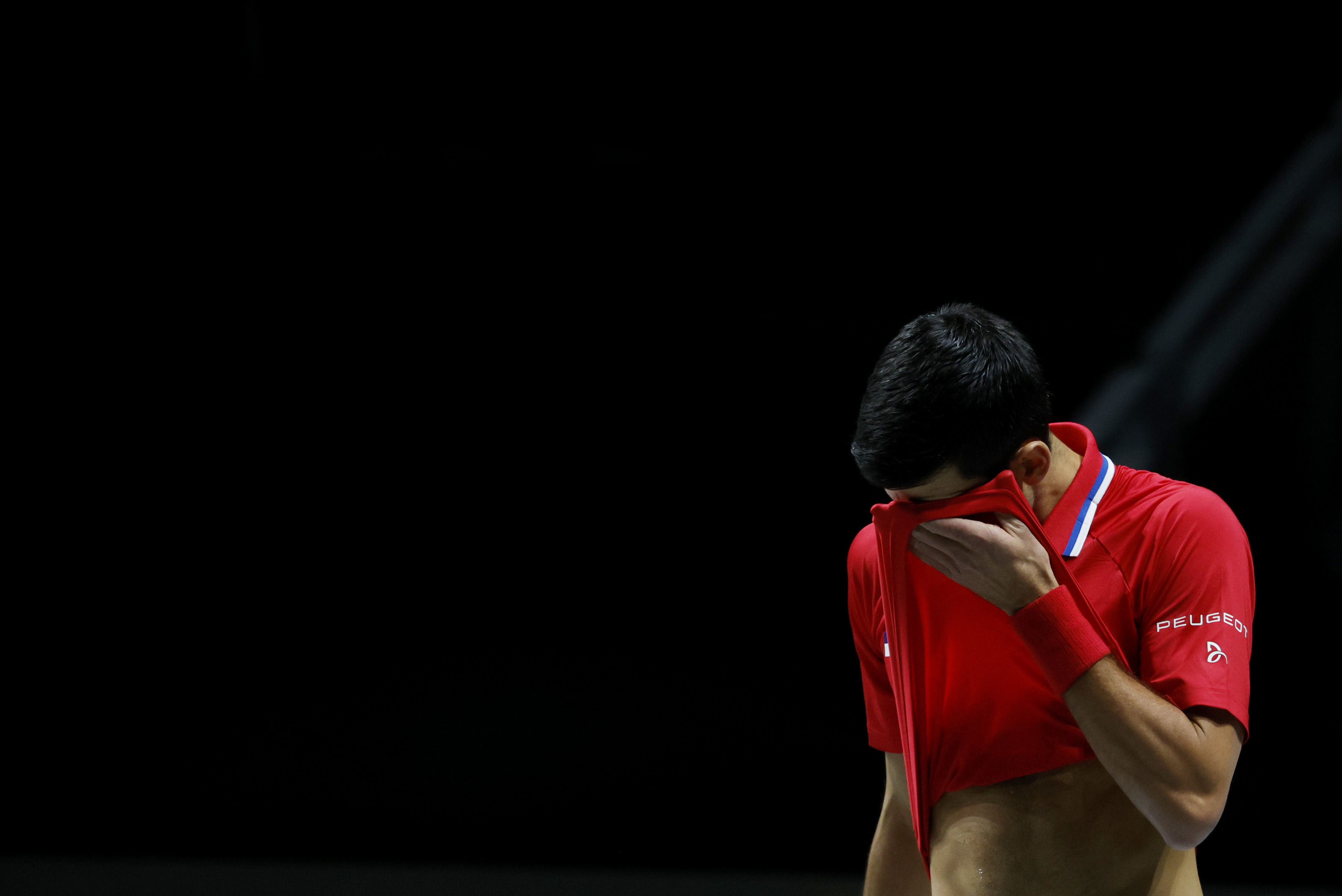 Tennis - Davis Cup Quarter-Final - Serbia v Kazakhstan - Madrid Arena, Madrid, Spain - December 1, 2021  Serbia's Novak Djokovic reacts during his singles match against Kazakhstan's Alexander Bublik REUTERS/Susana Vera