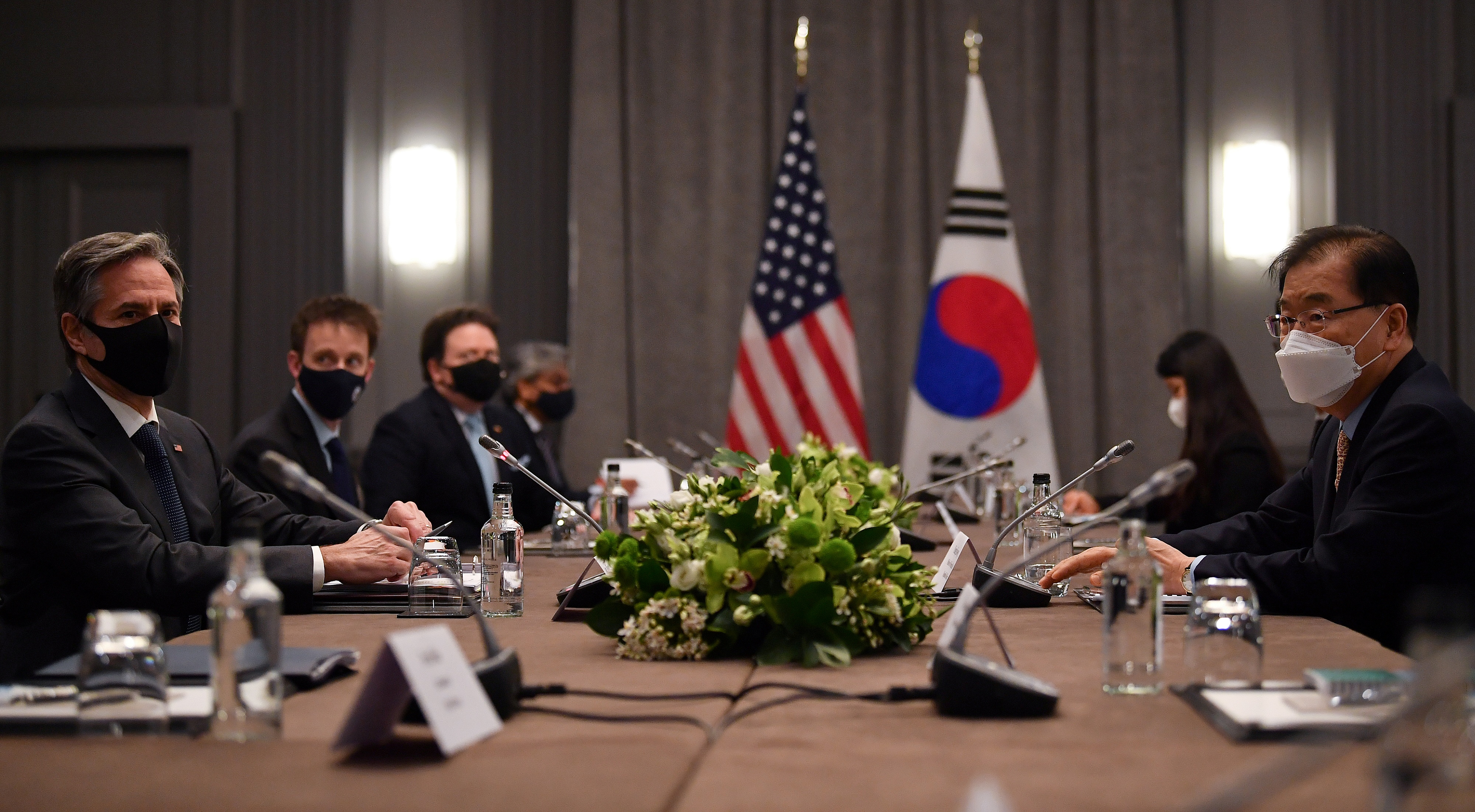 U.S. Secretary of State Antony Blinken speaks with South Korea's Foreign Minister Chung Eui-yong, in London