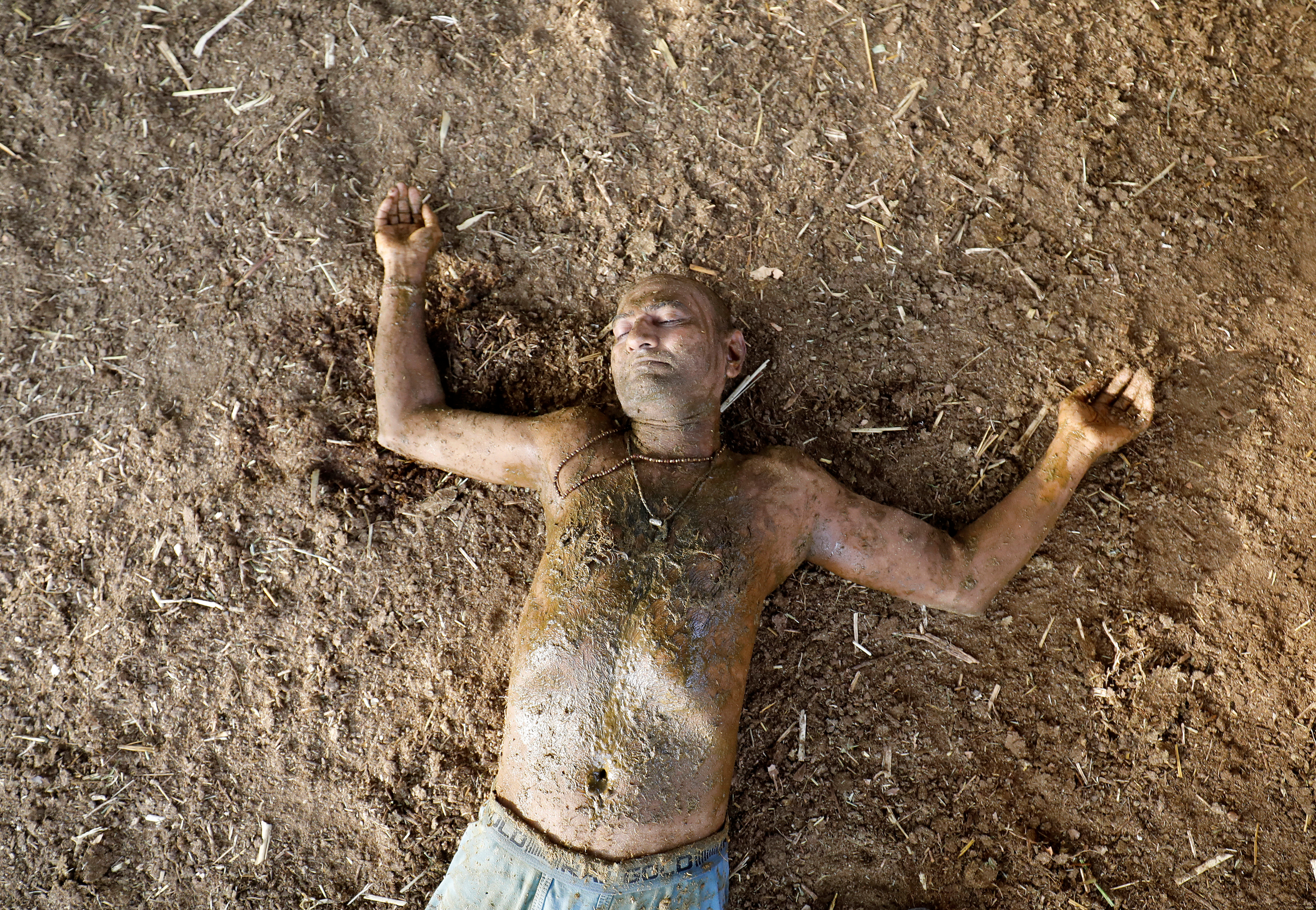 Ashok Oza lies on the ground after applying cow dung on his body during "cow dung therapy" on outskirts of Ahmedabad