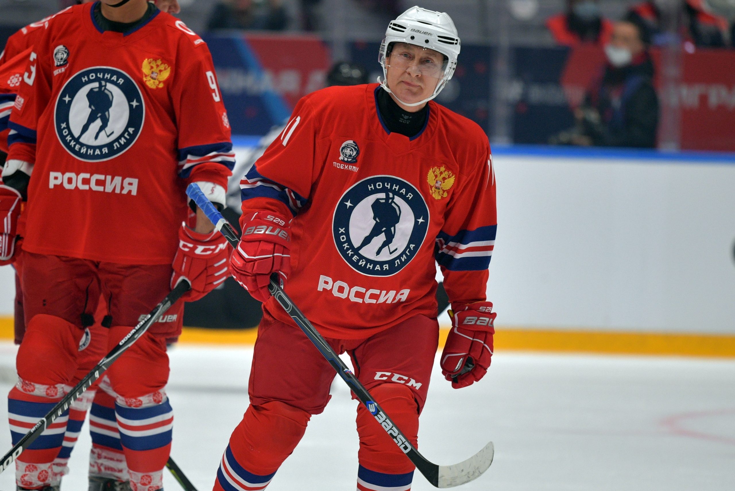 Russian President Vladimir Putin takes part in an ice hockey game of the Night Hockey League in Sochi, Russia May 10, 2021. Sputnik/Alexei Druzhinin/Kremlin via REUTERS ATTENTION EDITORS - THIS IMAGE WAS PROVIDED BY A THIRD PARTY.