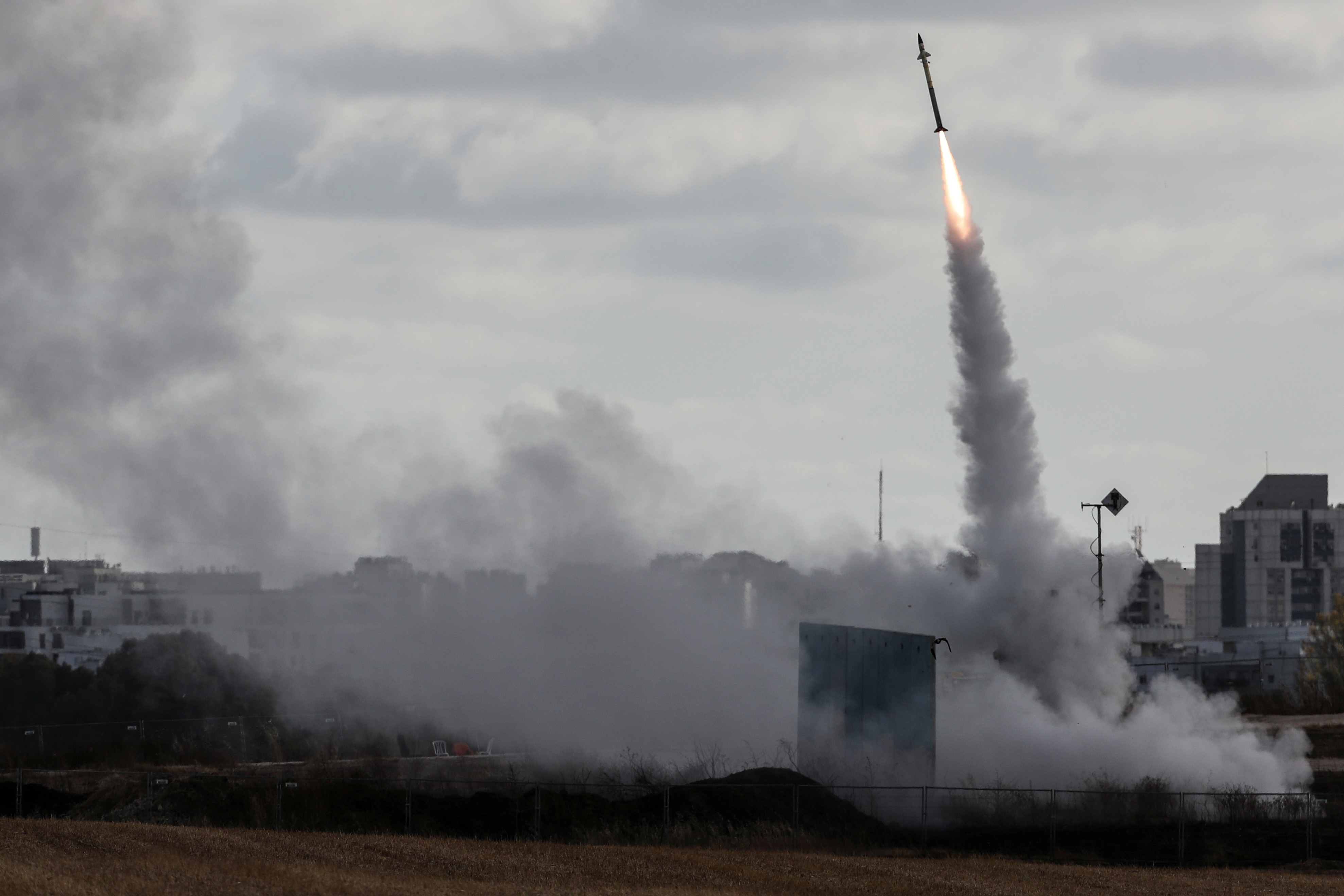 Israel's Iron Dome anti-missile system fires to intercept a rocket launched from the Gaza Strip towards Israel, as seen from Ashdod, Israel