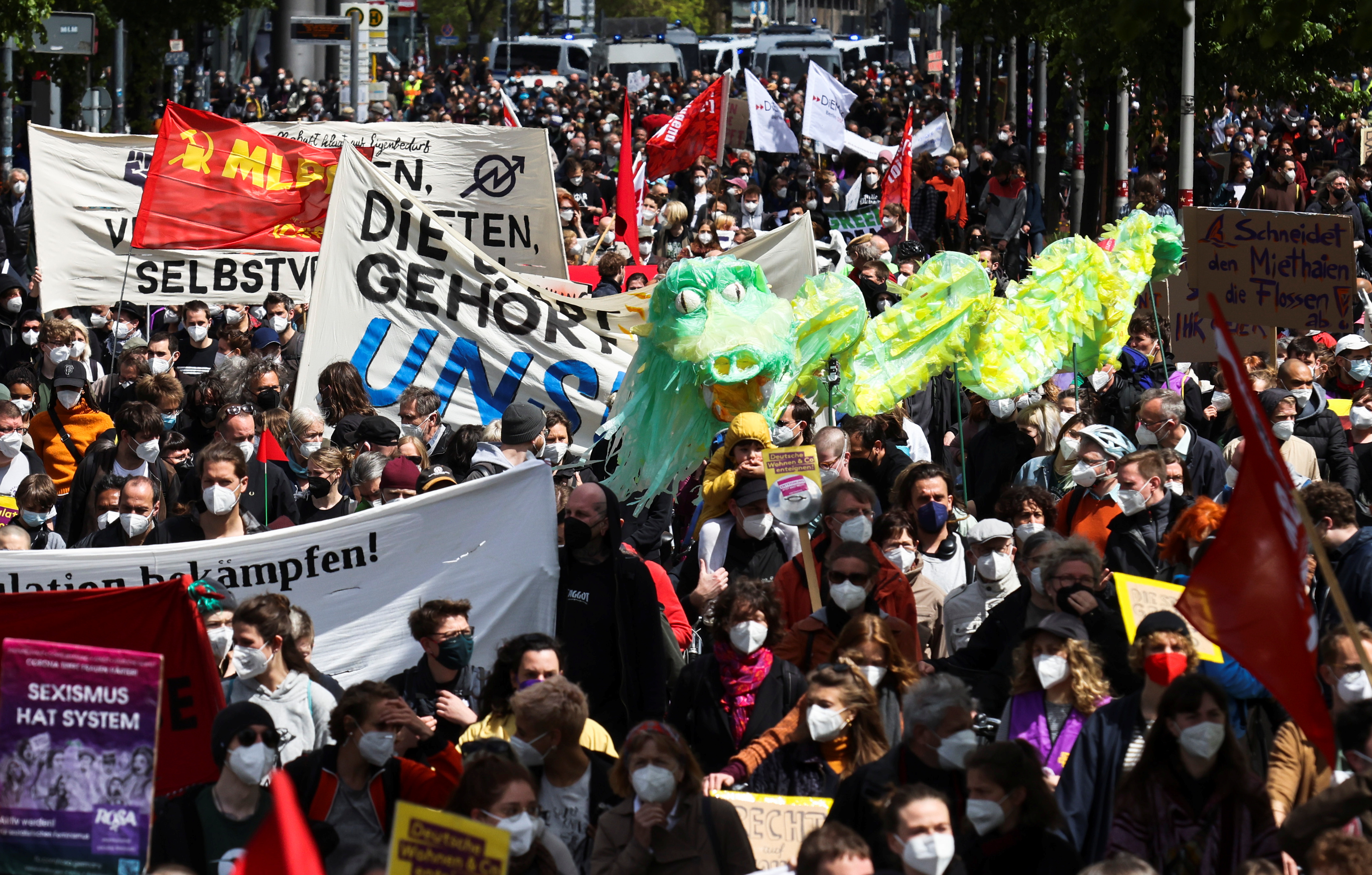 People attend a demonstration against rising rental costs for their flats in Berlin, Germany, May 23, 2021. REUTERS/Christian Mang