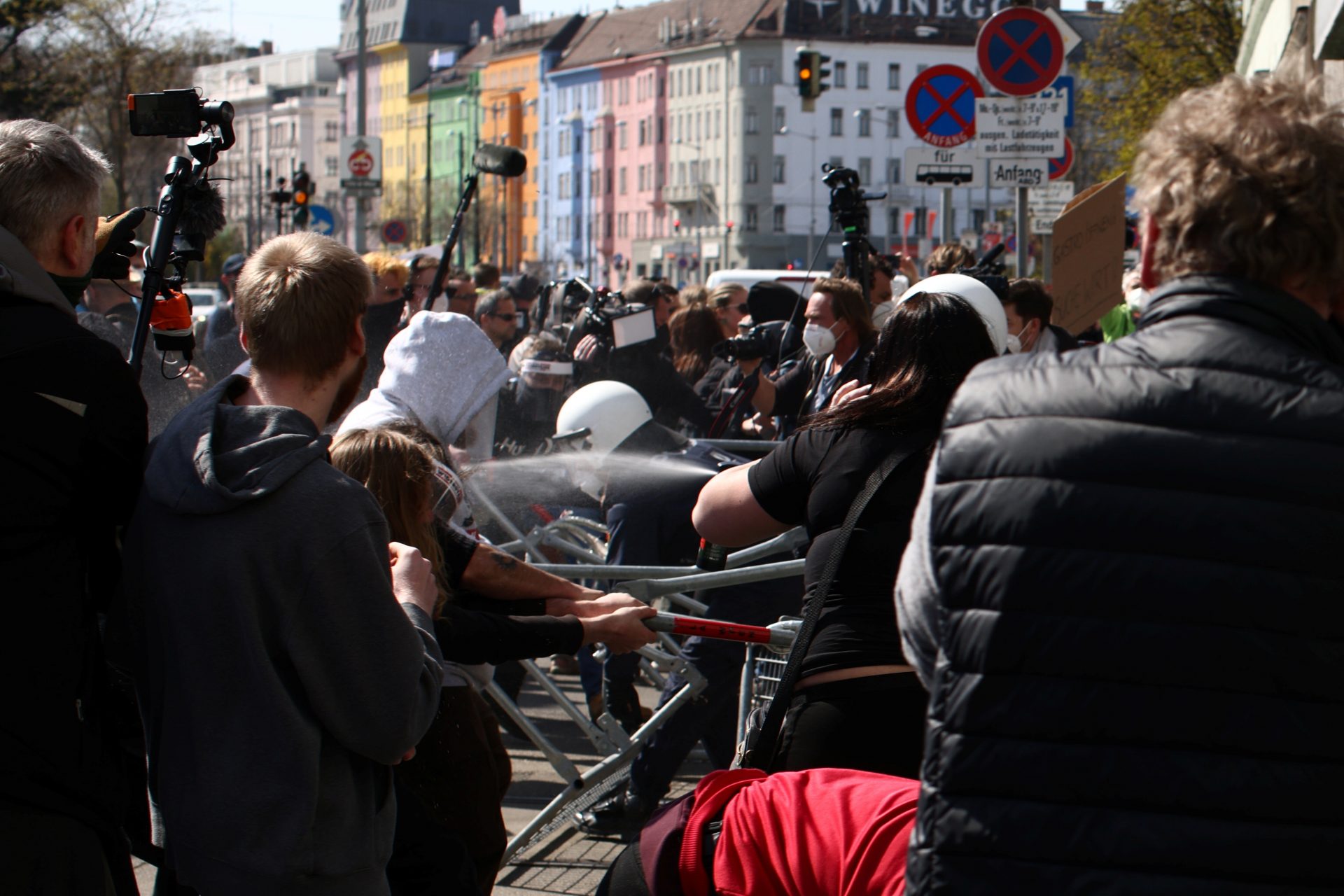 Demonstrators scuffle with police officers during a protest against the coronavirus disease (COVID-19) measures in Vienna, Austria, April 10, 2021. REUTERS/Lisi Niesner