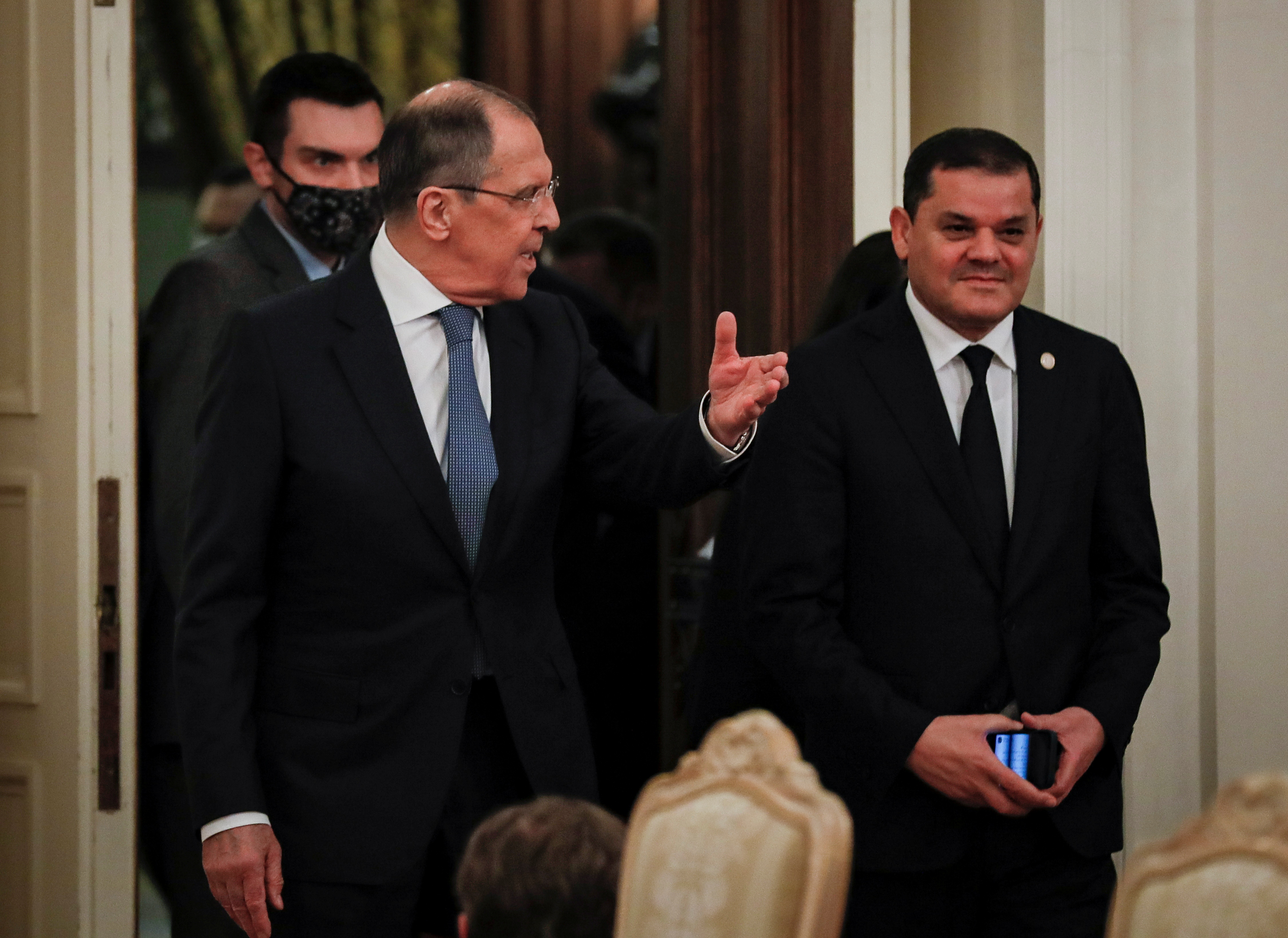 Russia's Foreign Minister Sergei Lavrov attends a meeting with Libya's Prime Minister Abdulhamid Dbeibeh in Moscow, Russia April 15, 2021. Yuri Kochetkov/Pool via REUTERS
