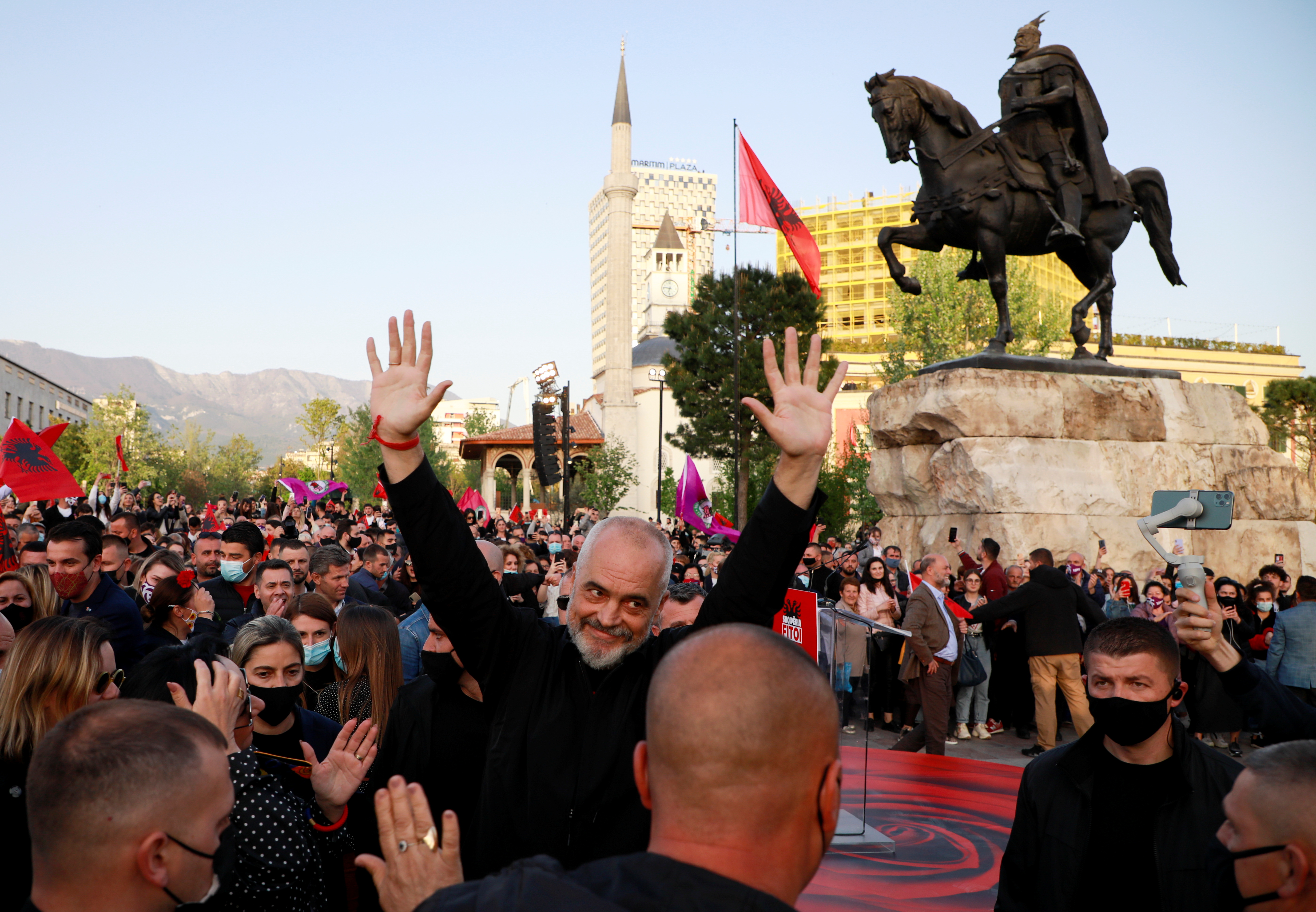 Albanian Prime Minister and leader of the Socialist Party Edi Rama gestures at a rally celebrating the party's election victory, at Skanderbeg Square in Tirana, Albania April 27, 2021. REUTERS/Florion Goga