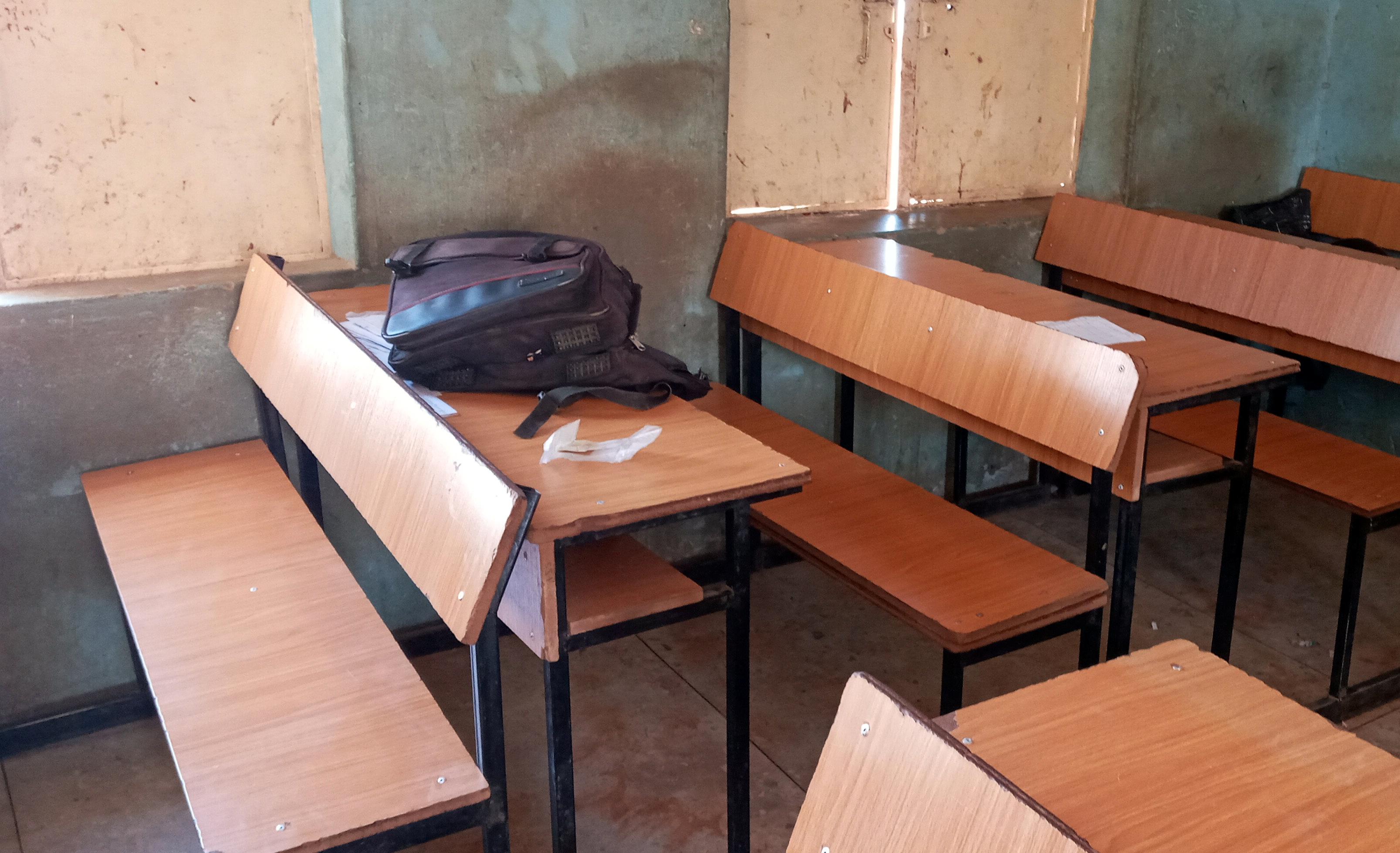 A school bag is pictured inside a classroom at the Government Science secondary school in Kankara district