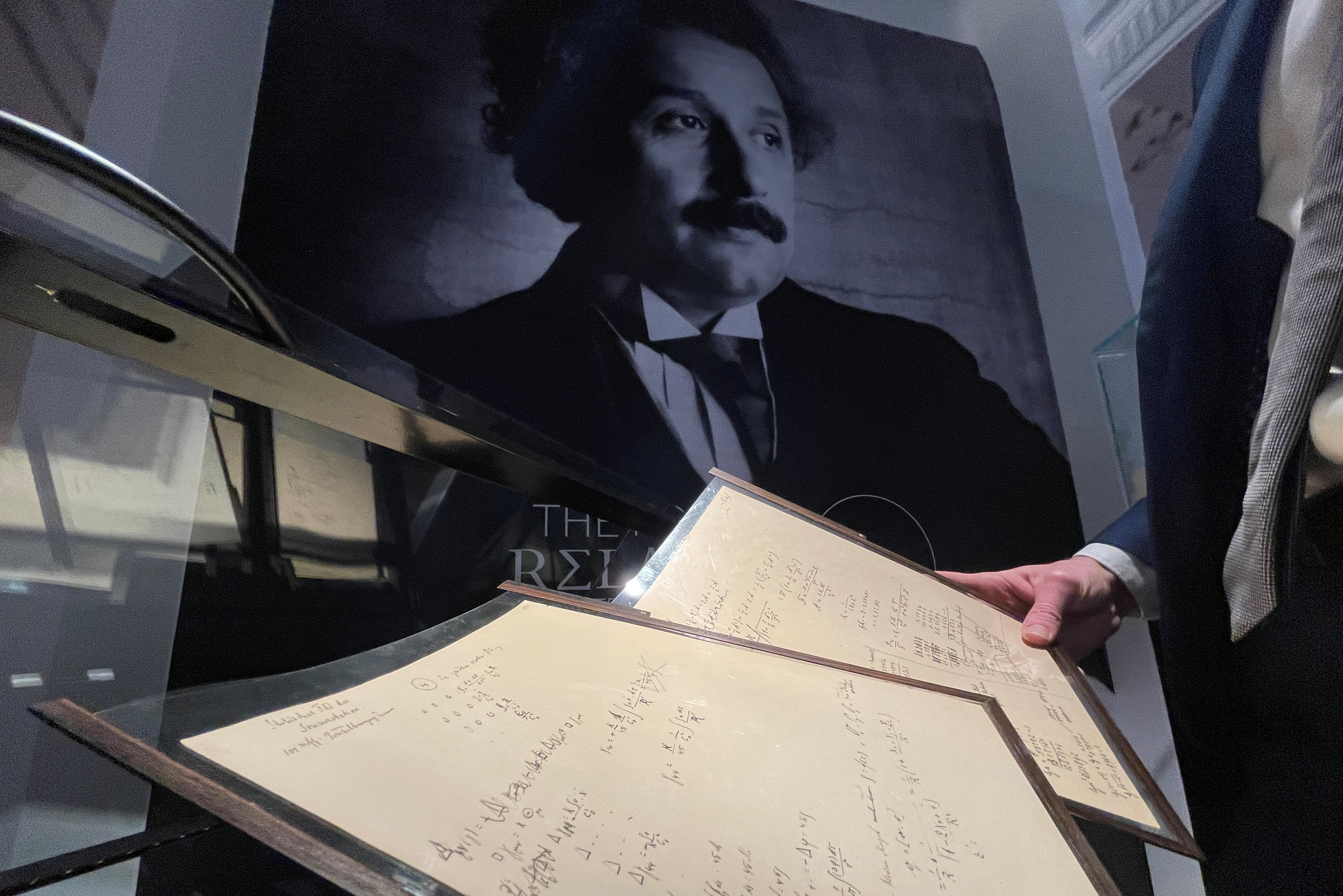 The Einstein-Besso manuscript on display before its auction at Christie's auction house in Paris