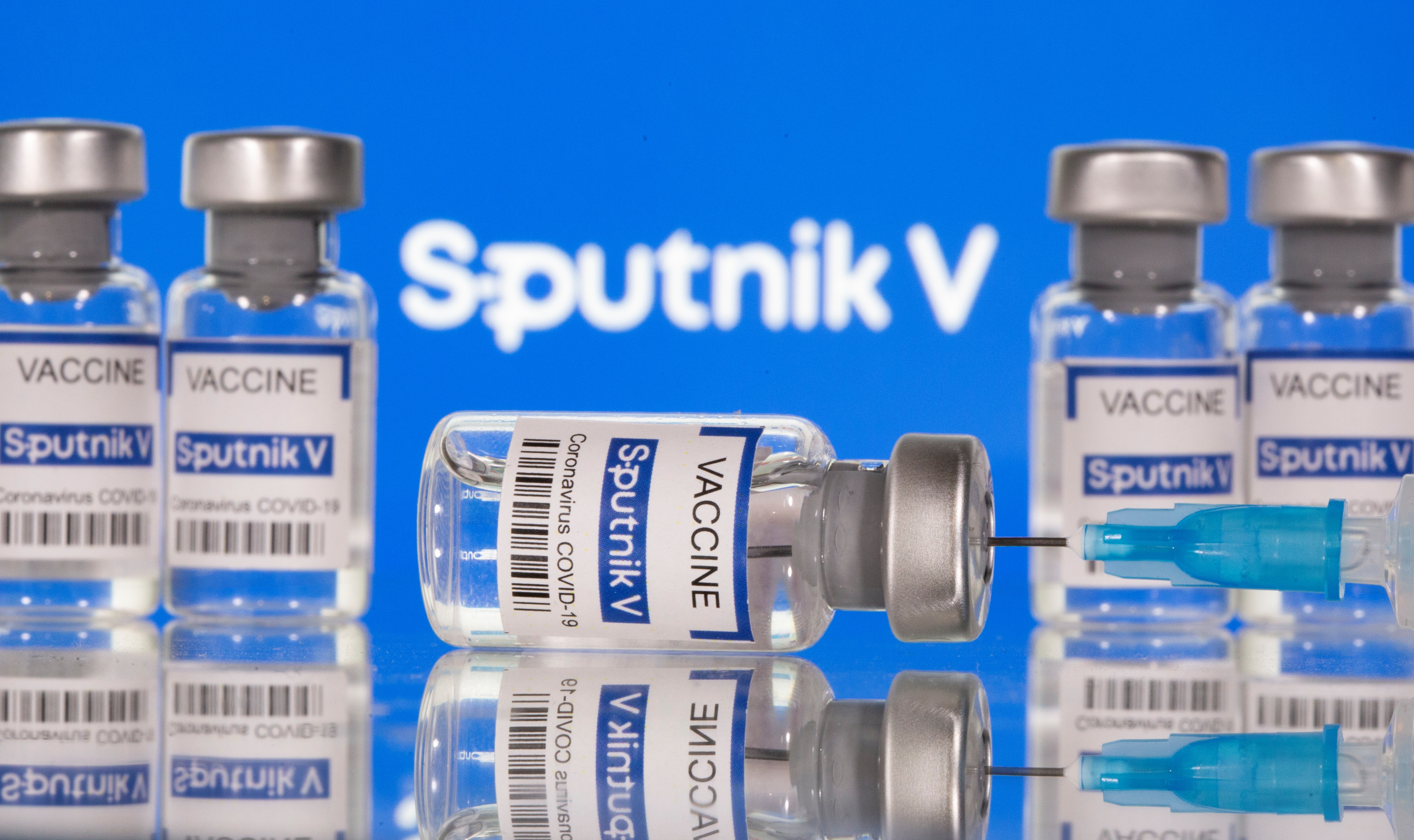 Vials labelled "Sputnik V Coronavirus COVID-19 Vaccine" and a syringe are seen in front of a Sputnik V logo in this illustration photo