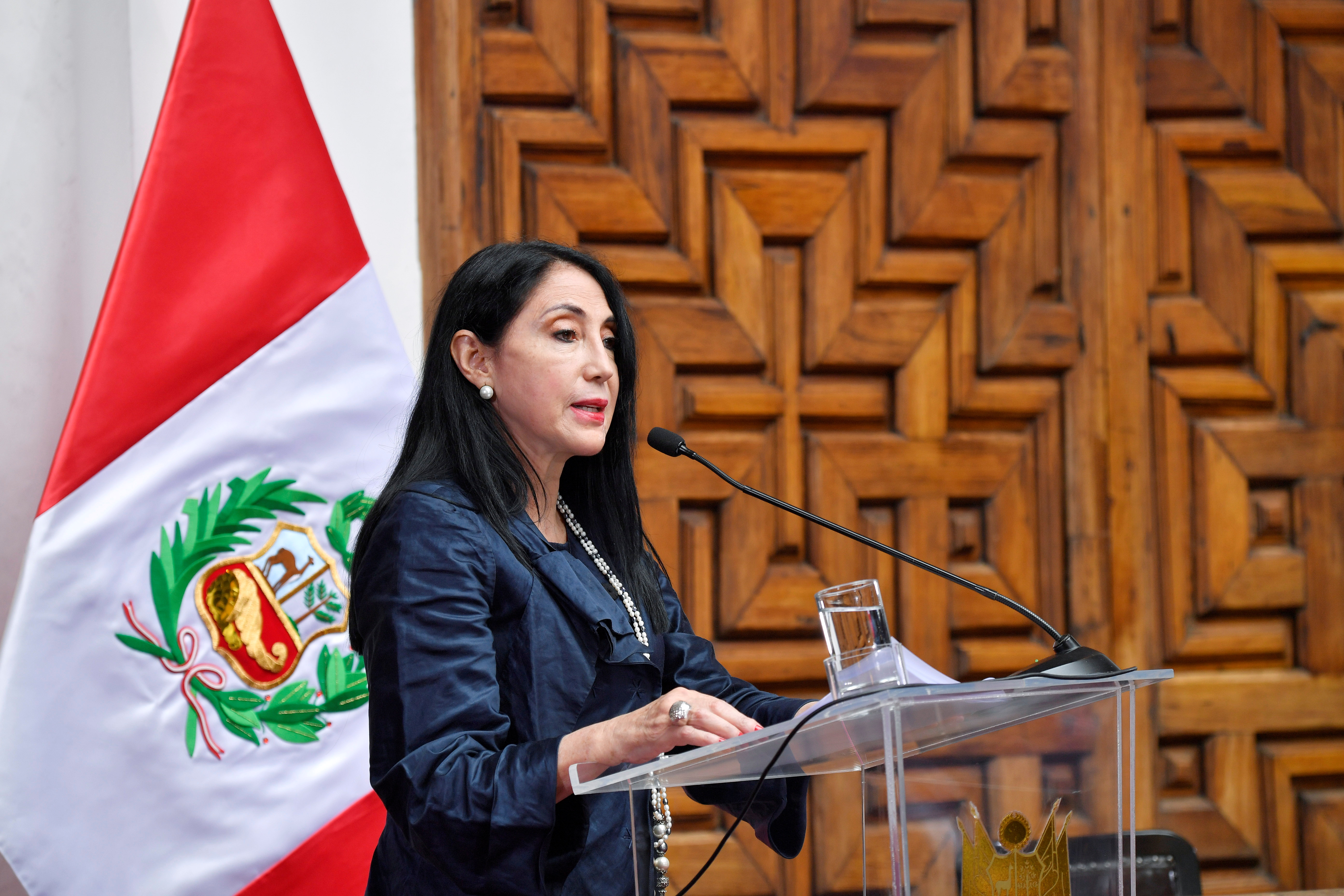 Peru's Foreign Minister Elizabeth Astete addresses the audience during an event, in Lima