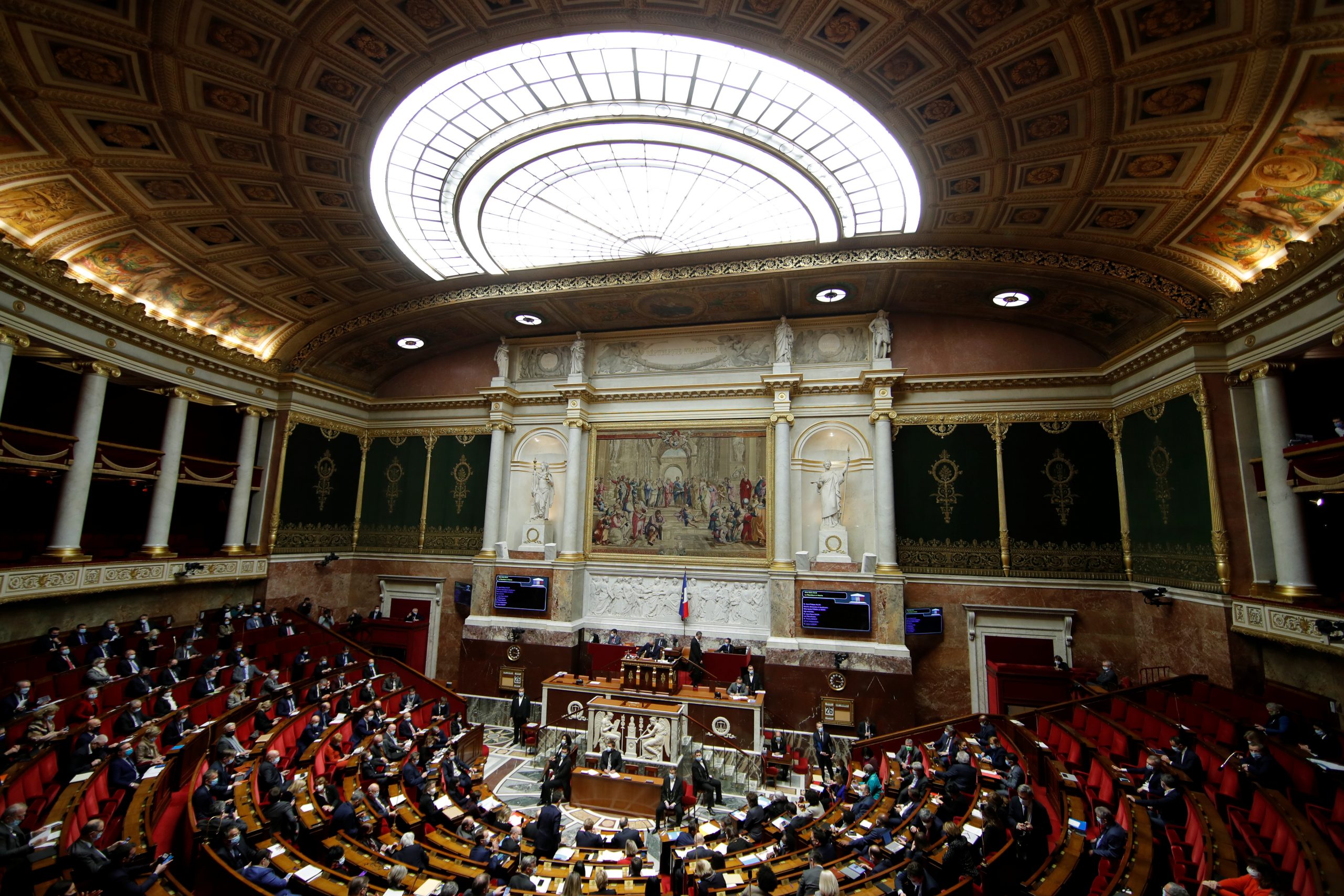 A general view shows the hemicycle during the questions to the government session at the National Assembly in Paris amid the coronavirus disease (COVID-19) outbreak in France, January 26, 2021.  REUTERS/Gonzalo Fuentes