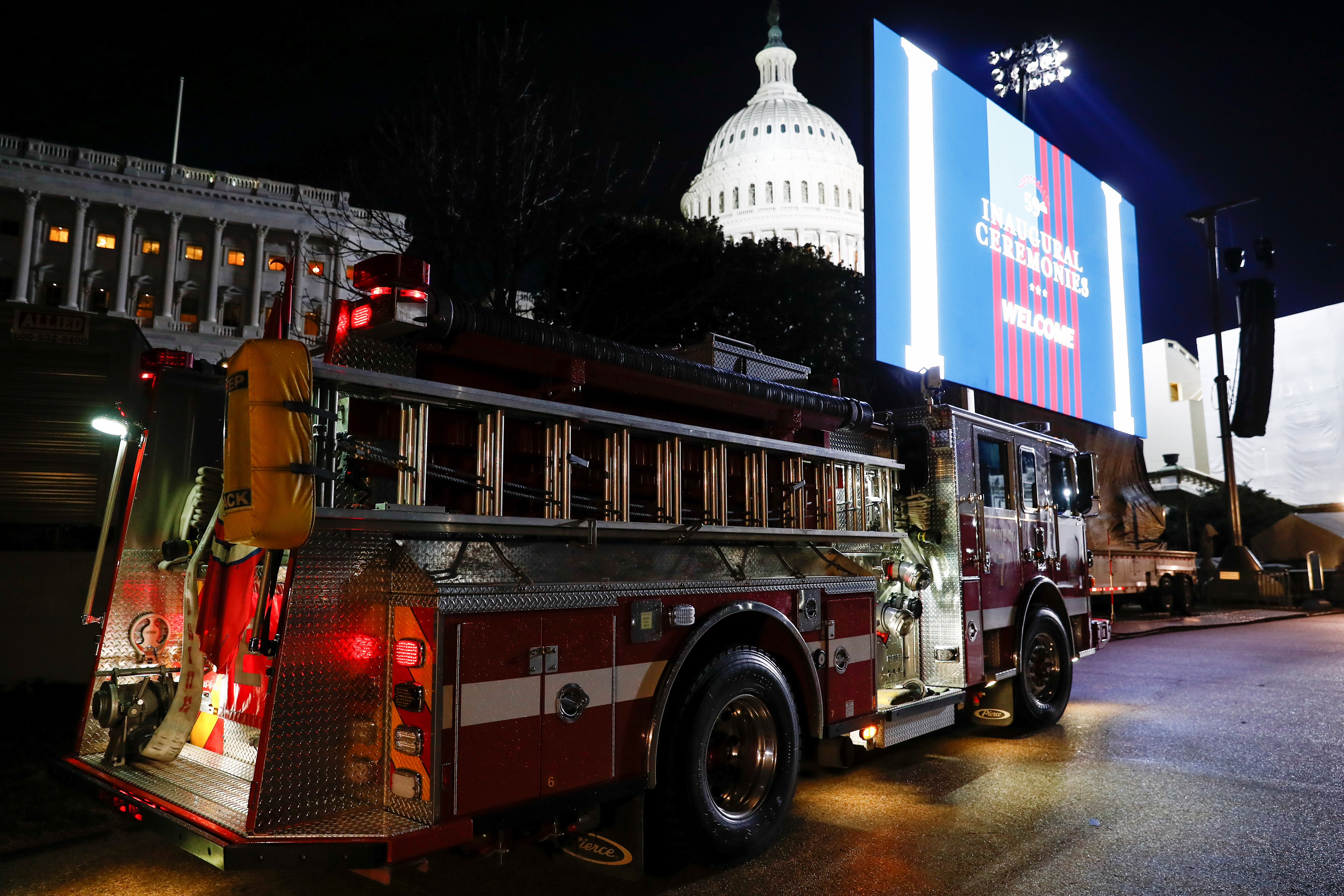 A fire truck stands by on the West front of the Capitol before Joe Biden's presidential inauguration in Washington, U.S., January 20, 2021. REUTERS/Jim Bourg