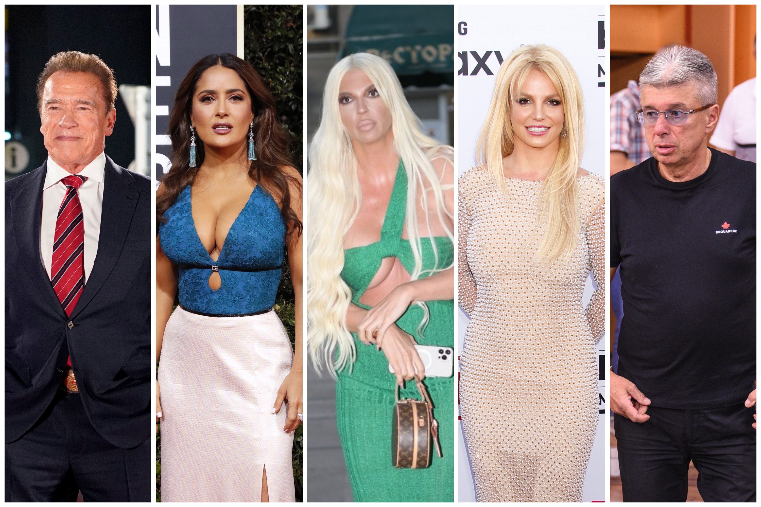 Arnold Švarceneger, Selma Hejek, Jelena Karleuša, Britni Spirs, Saša Popović, kombo Foto: EPA-EFE/FRANCK ROBICHON/NINA PROMMER/EPA/JIMMY MORRIS/Dragan Mujan/Nova.rs