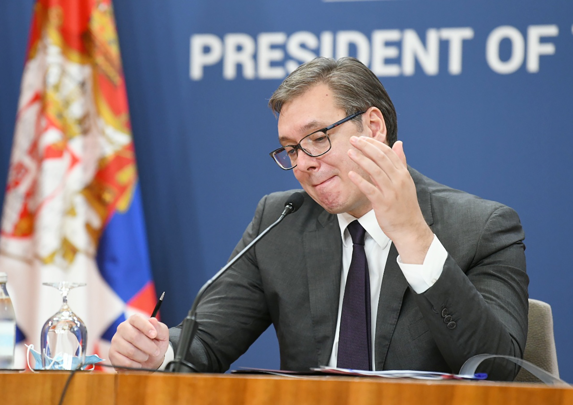 BEOGRAD 02. novembar 2020. Aleksandar Vučić,  Palata federacije, konferencija za novinare nakon specijalne sednice Vlade Srbije u Palati Srbija grimasa Foto:Vesna Lalić/Nova.rs
