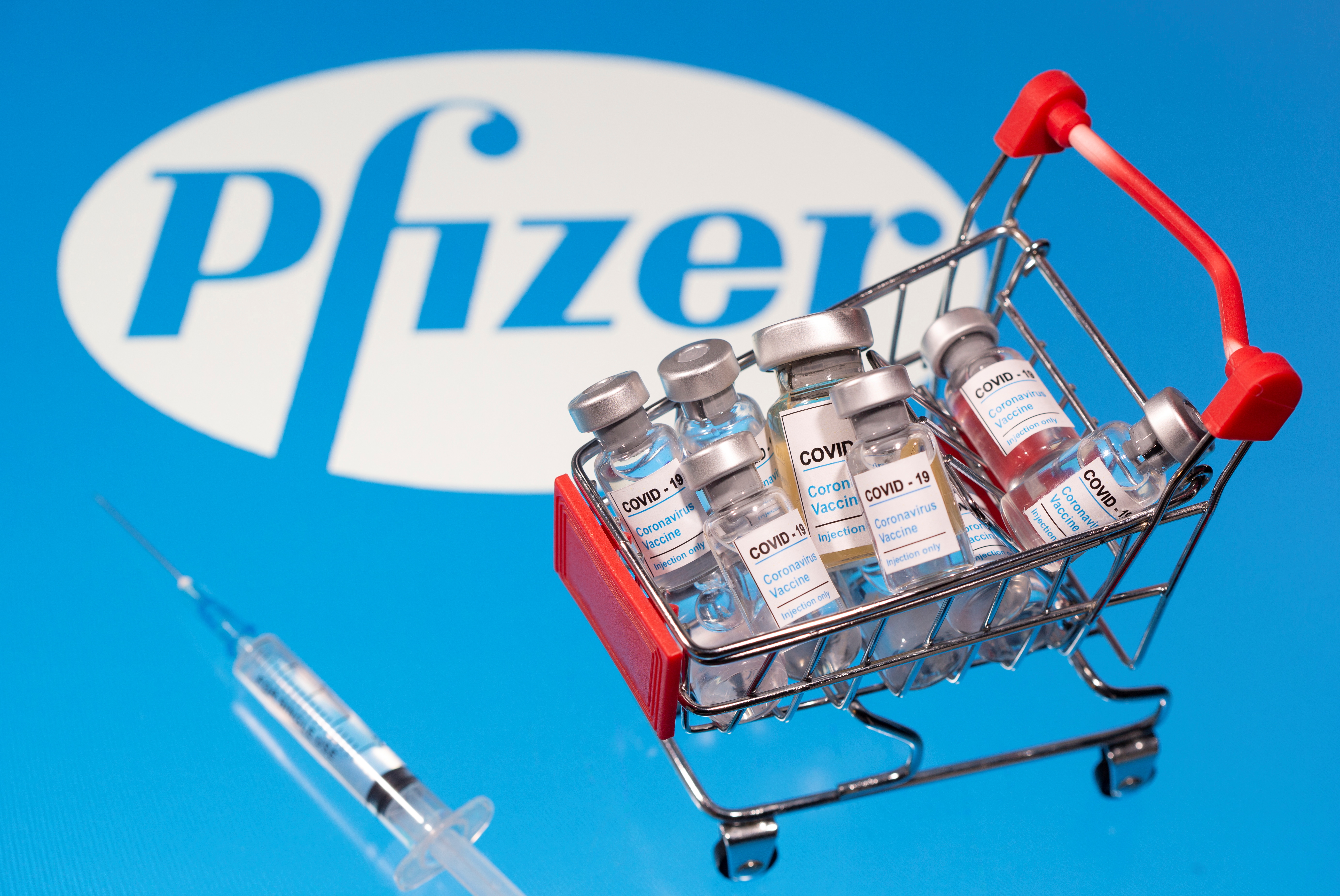 A small shopping basket filled with vials labeled "COVID-19 - Coronavirus Vaccine" and a medical sryinge are placed on a Pfizer logo in this illustration taken November 29, 2020. Picture taken November 29, 2020. REUTERS/Dado Ruvic/Ilustration