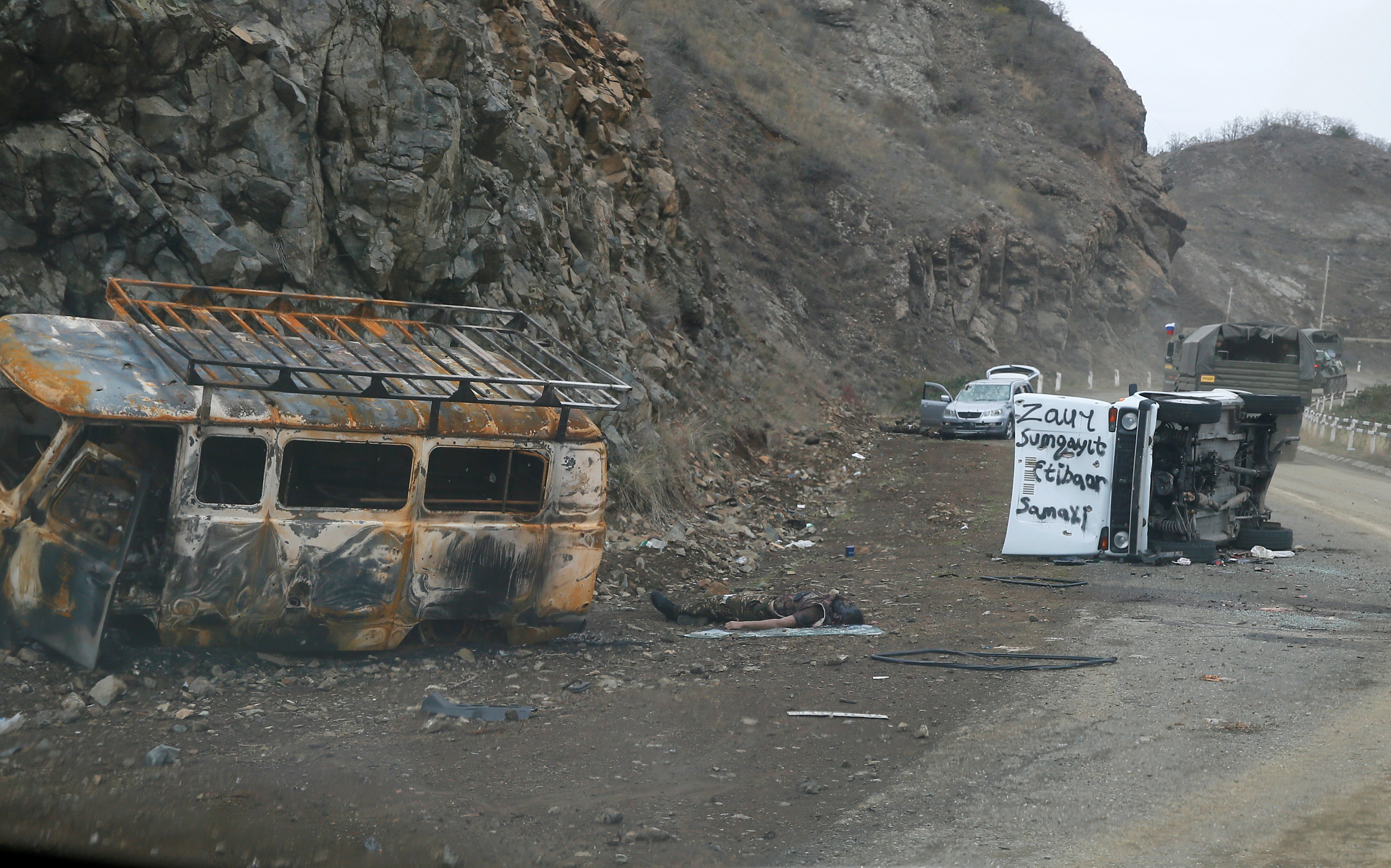A view shows the bodies of people killed during a military conflict over the breakaway region of Nagorno-Karabakh near Shusha