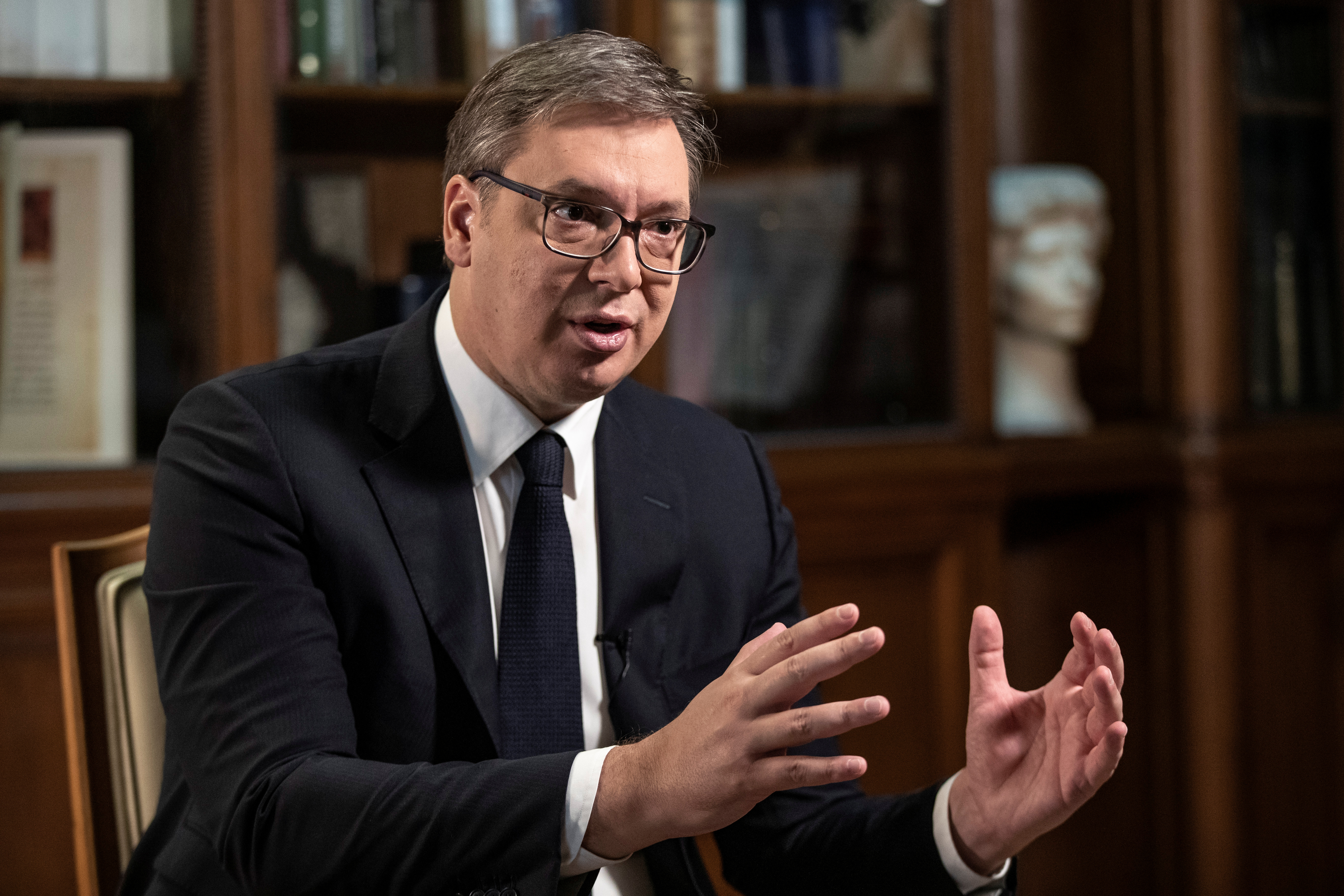 Serbian President Aleksandar Vucic speaks during an interview with Reuters in Belgrade, Serbia, September 22, 2020. REUTERS/Marko Djurica