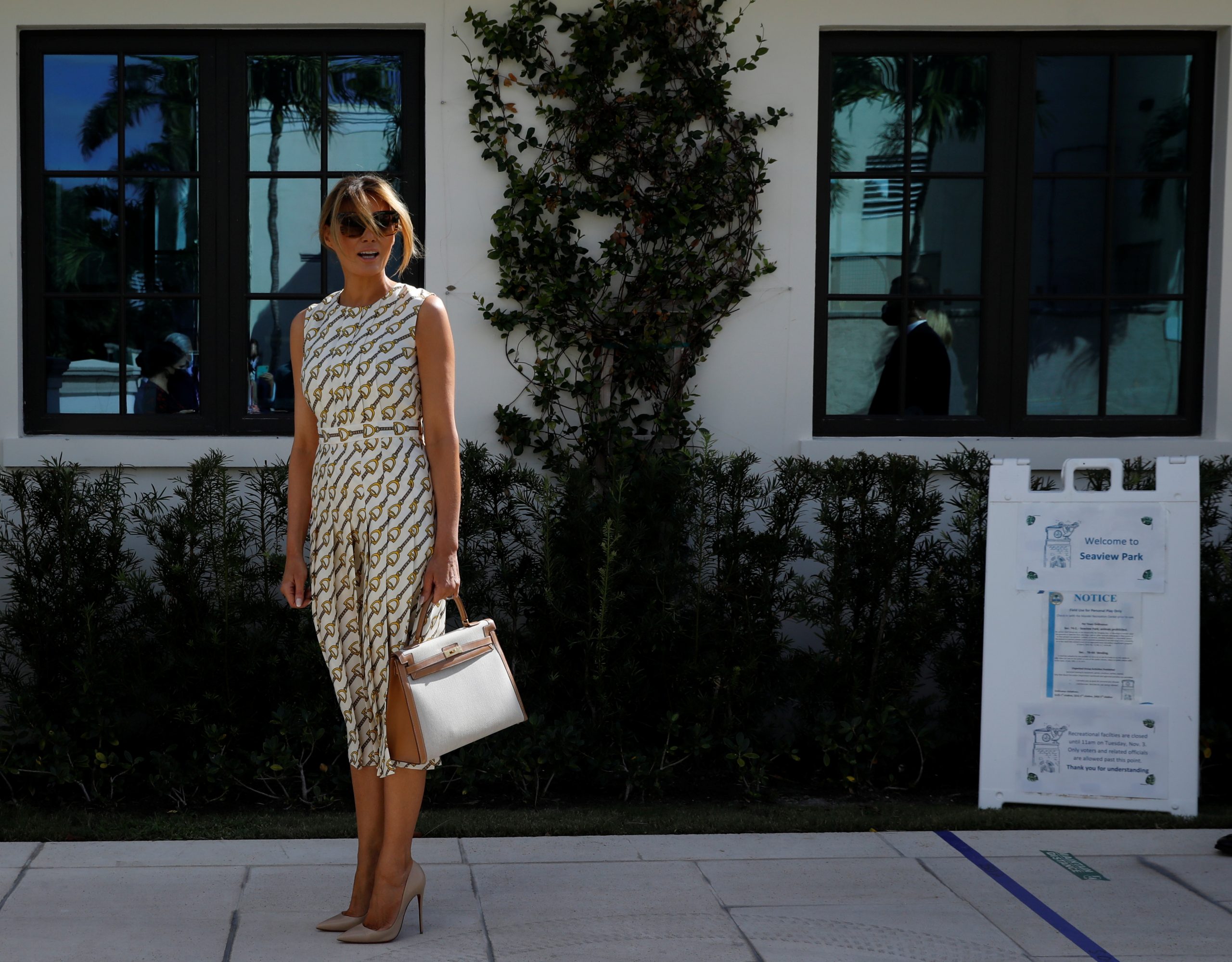 U.S. first lady Melania Trump leaves after casting her vote during the 2020 presidential election at Morton and Barbara Mandel Recreation Center in Palm Beach, Florida, U.S., November 3, 2020. REUTERS/Marco Bello