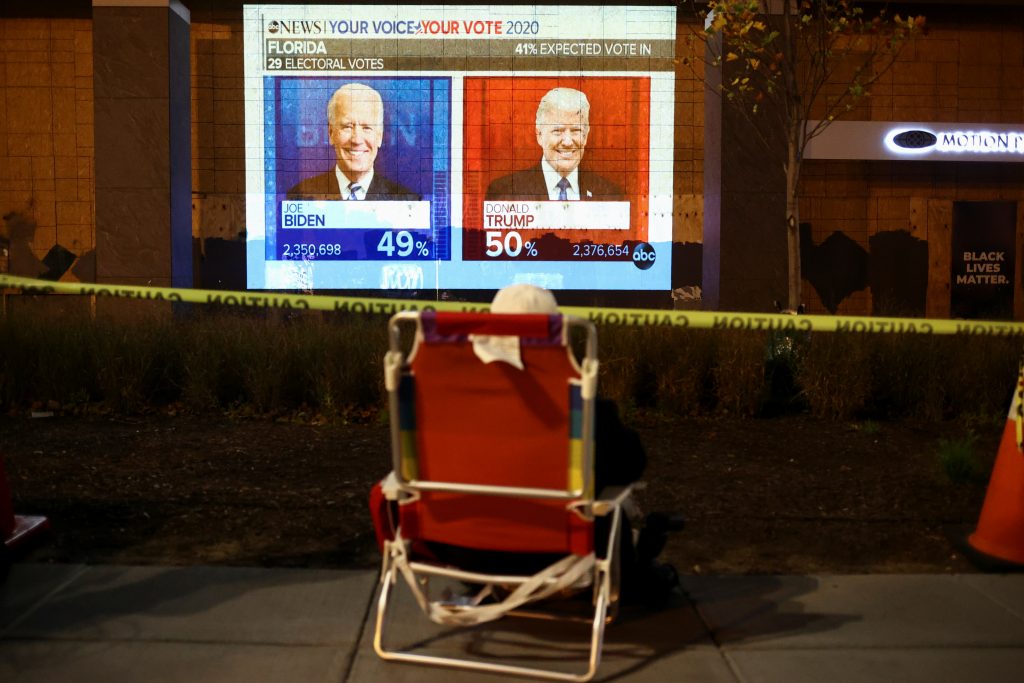 A person sits in front of a screen showing early results at the "Black Lives Matter Plaza" near the White House during Election Day in Washington, U.S., November 3, 2020. REUTERS/Hannah McKay