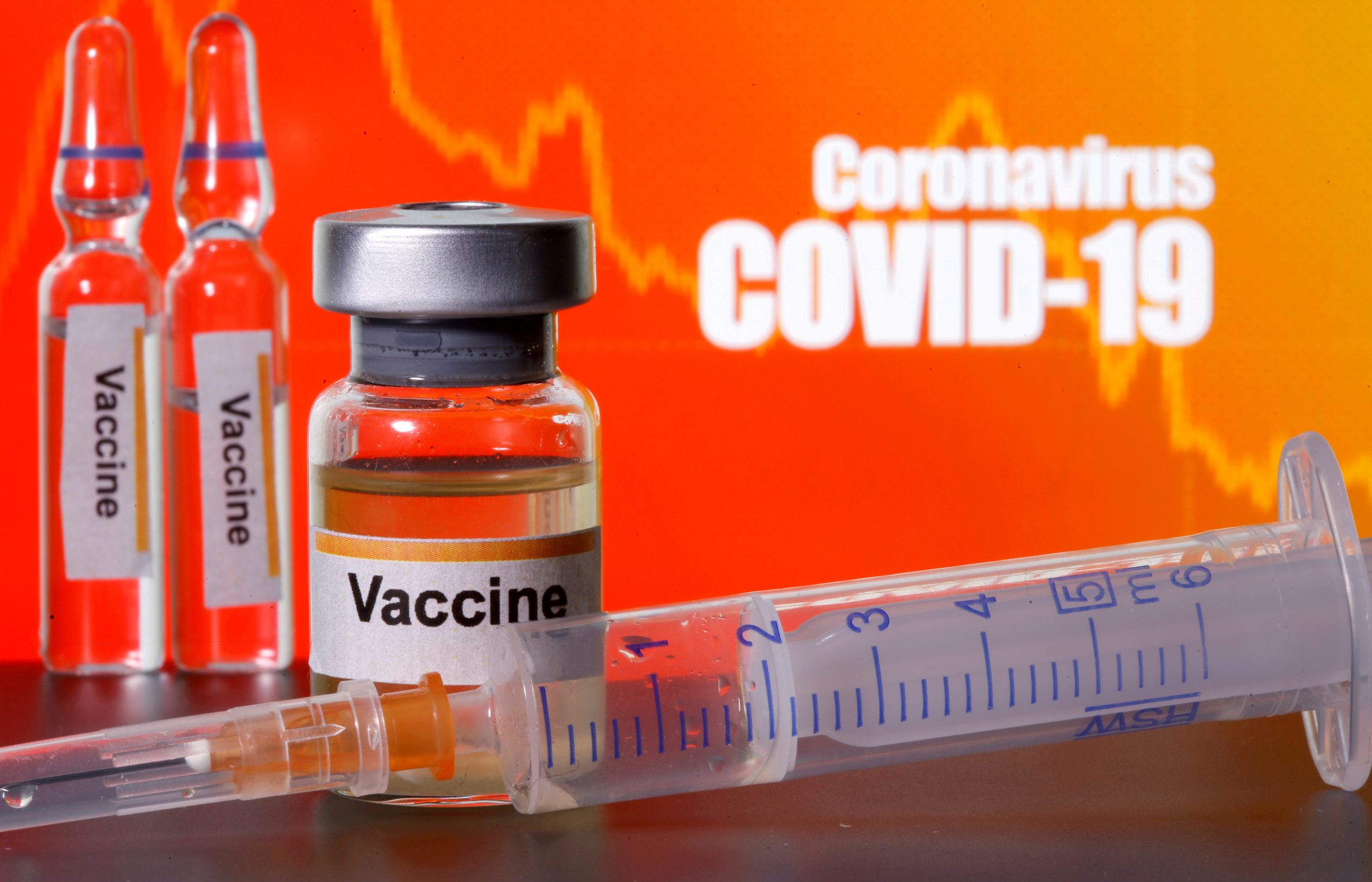 FILE PHOTO: Small bottles labelled with "Vaccine" stickers stand near a medical syringe in front of displayed "Coronavirus COVID-19" words in this illustration taken April 10, 2020. REUTERS/Dado Ruvic/Illustration/File Photo