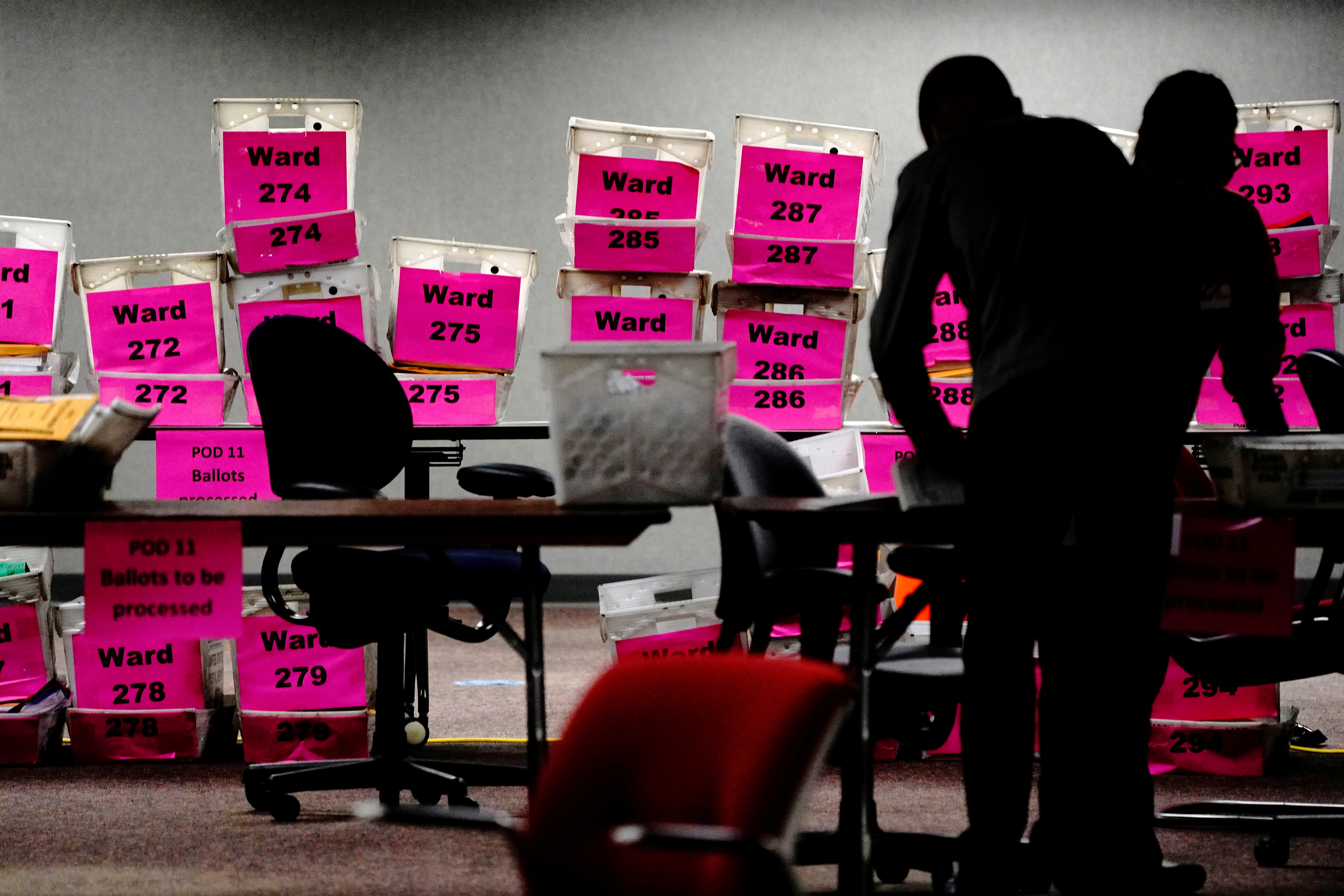 Empty boxes from Milwaukee's voting wards are seen the night of Election Day as absentee ballots are counted at Milwaukee Central Count in Milwaukee, Wisconsin, U.S. November 3, 2020. REUTERS/Bing Guan     TPX IMAGES OF THE DAY