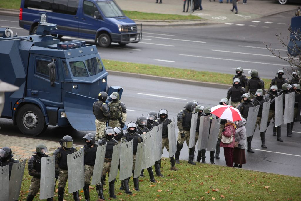 Belarusian law enforcement officers block a street during a rally to reject the presidential election results in Minsk, Belarus November 8, 2020. REUTERS/Stringer