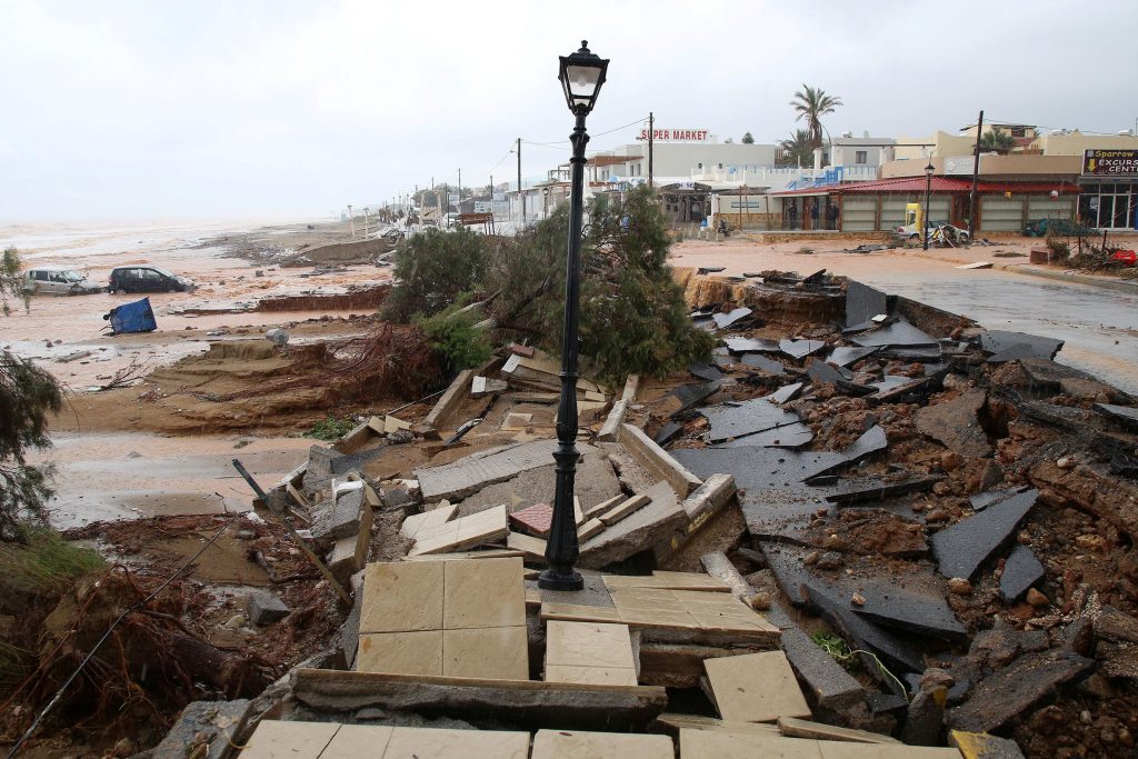 A damaged flooded seaside road is seen during heavy rainfall at the village of Gournes on the island of Crete, Greece, November 10, 2020. REUTERS/Stefanos Rapanis