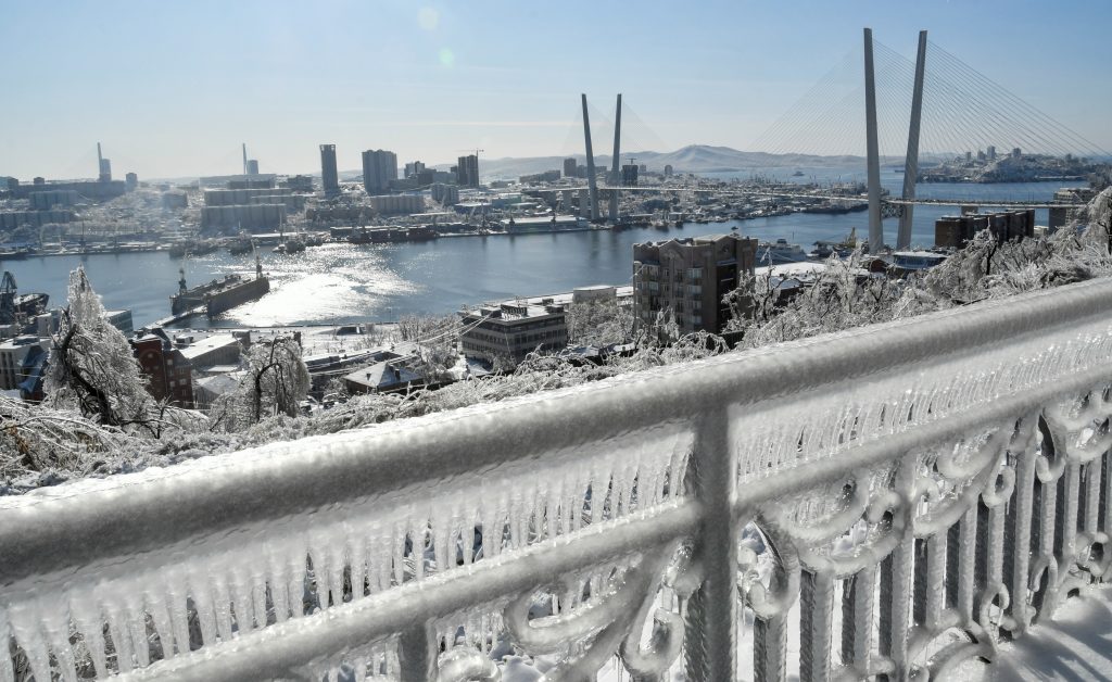 A fence is covered with ice after freezing rain, as a bridge over the Golden Horn bay is seen in the background, in the far eastern city of Vladivostok, Russia November 21, 2020. REUTERS/Yuri Maltsev