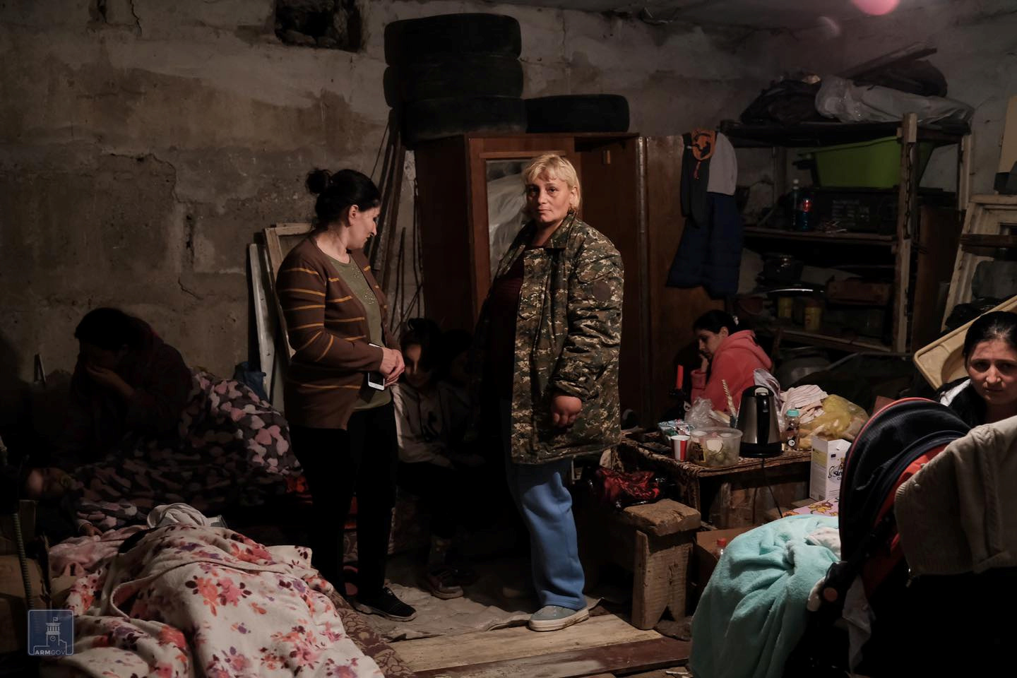 People are seen in a bomb shelter in Stepanakert