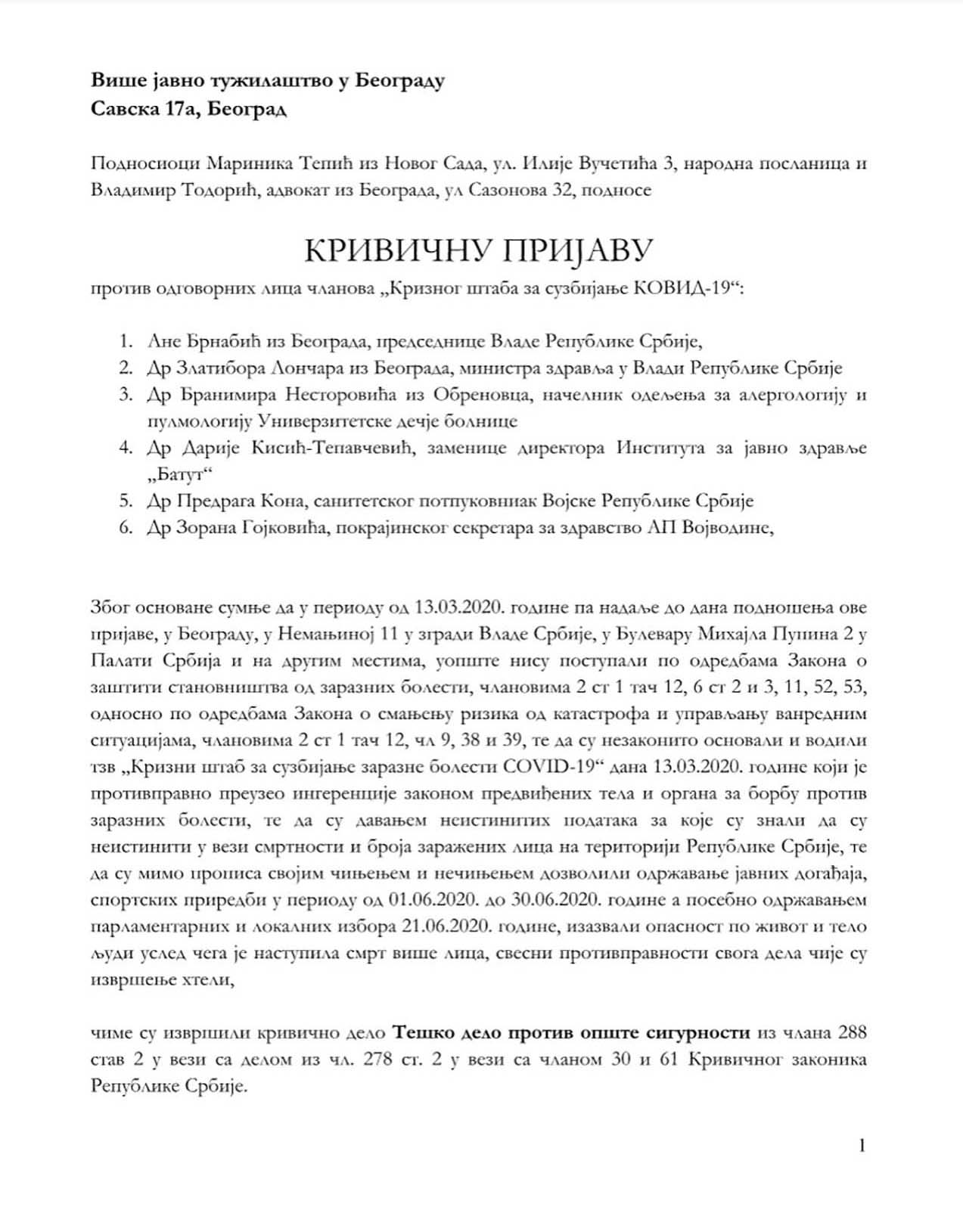 Krivična prijava protiv Kriznog štaba za suzbijanje Covid-19, dokument, prijava, tužba, Marinika Tepić, Vladimir Todorović Foto: Nova.rs