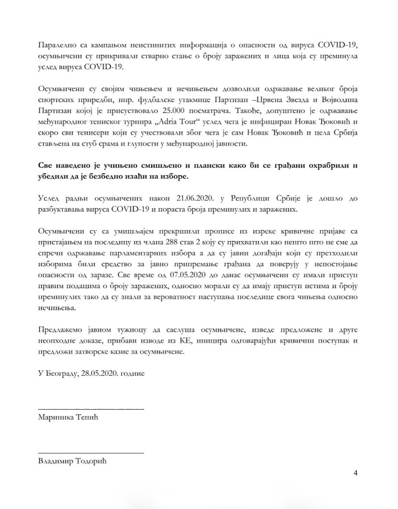 Krivična prijava protiv Kriznog štaba za suzbijanje Covid-19, dokument, prijava, tužba, Marinika Tepić, Vladimir Todorović Foto: Nova.rs