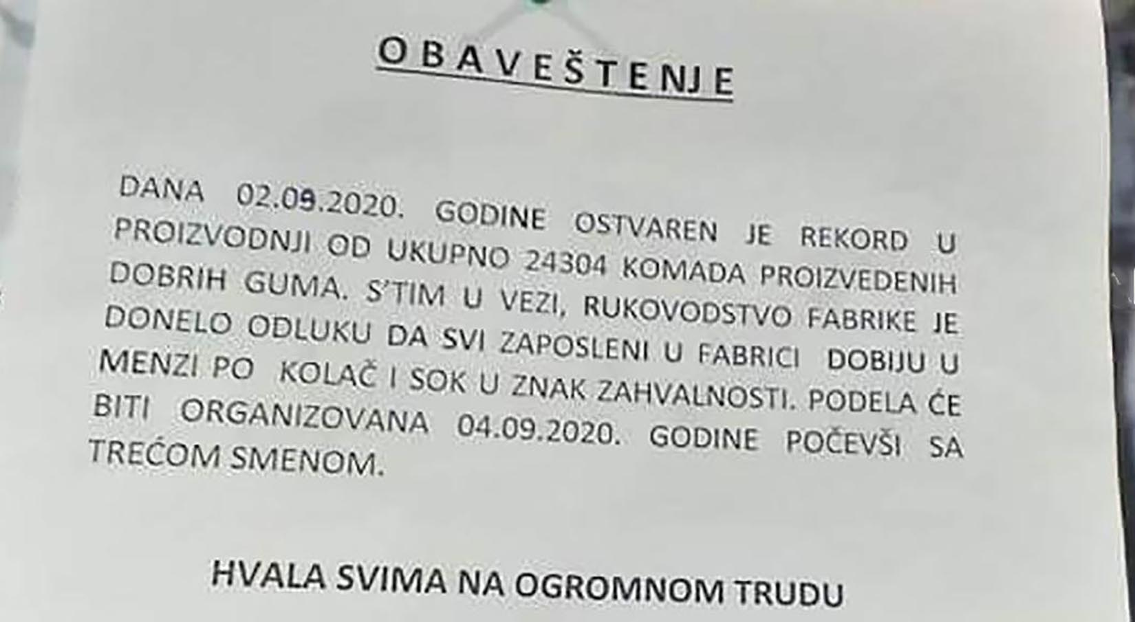 Obaveštenje, kolač, sok Foto: Facebook/Radnici i radnice za pravedno društvo