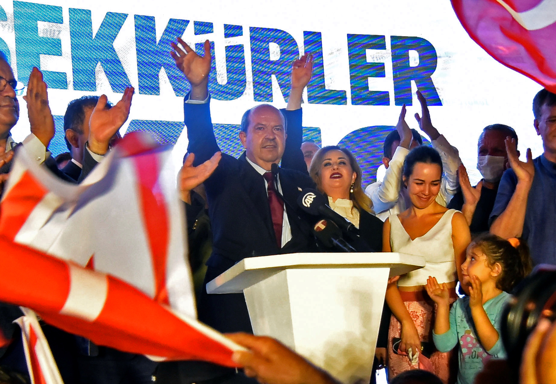 Turkish Cypriot politician Ersin Tatar celebrates his election victory  in Turkish-controlled northern Nicosia, Cyprus October 18, 2020. REUTERS/Harun Ucar NO RESALES. NO ARCHIVE.