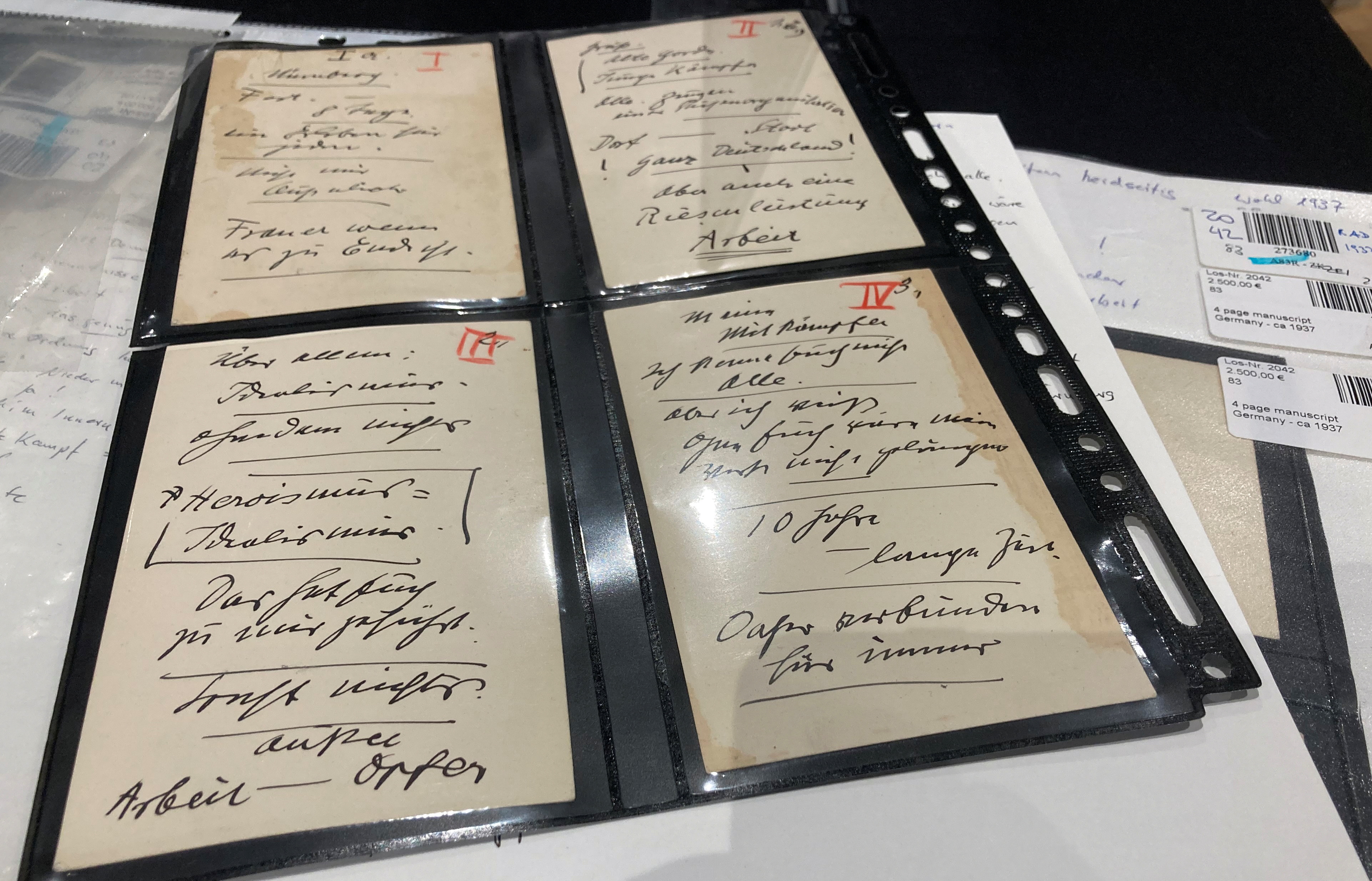 Four artefacts from 1937 with the original handwriting of Adolf Hitler that come under the hammer by a Munich auction house are pictured in Munich, Germany, October 22, 2020. Picture taken October 22, 2020. REUTERS/Ralph Brock