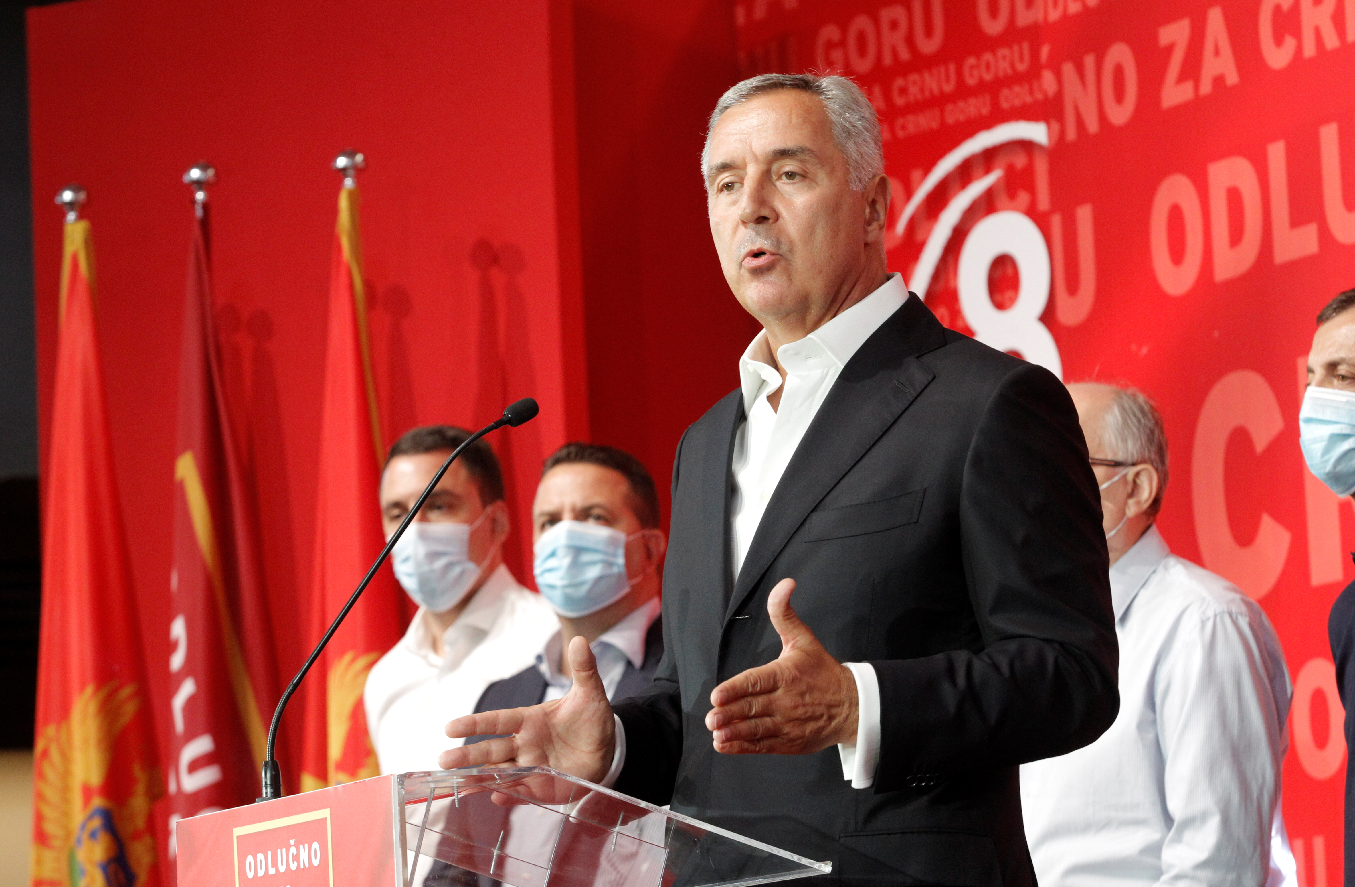 Montenegrin President and leader of ruling Democratic Party of Socialists, Milo Djukanovic, speaks to the media after the general election in Podgorica, Montenegro August 30, 2020. REUTERS/Stevo Vasiljevic
