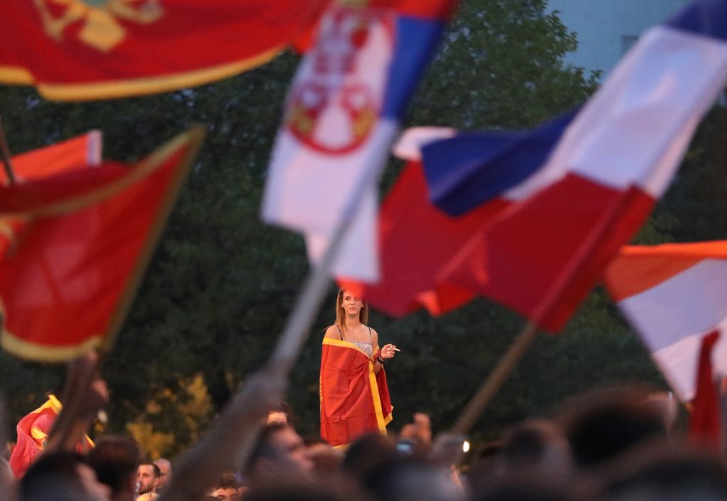 Opposition supporters celebrate election victory in Podgorica, Montenegro, August 31, 2020. REUTERS/Goran Tomasevic