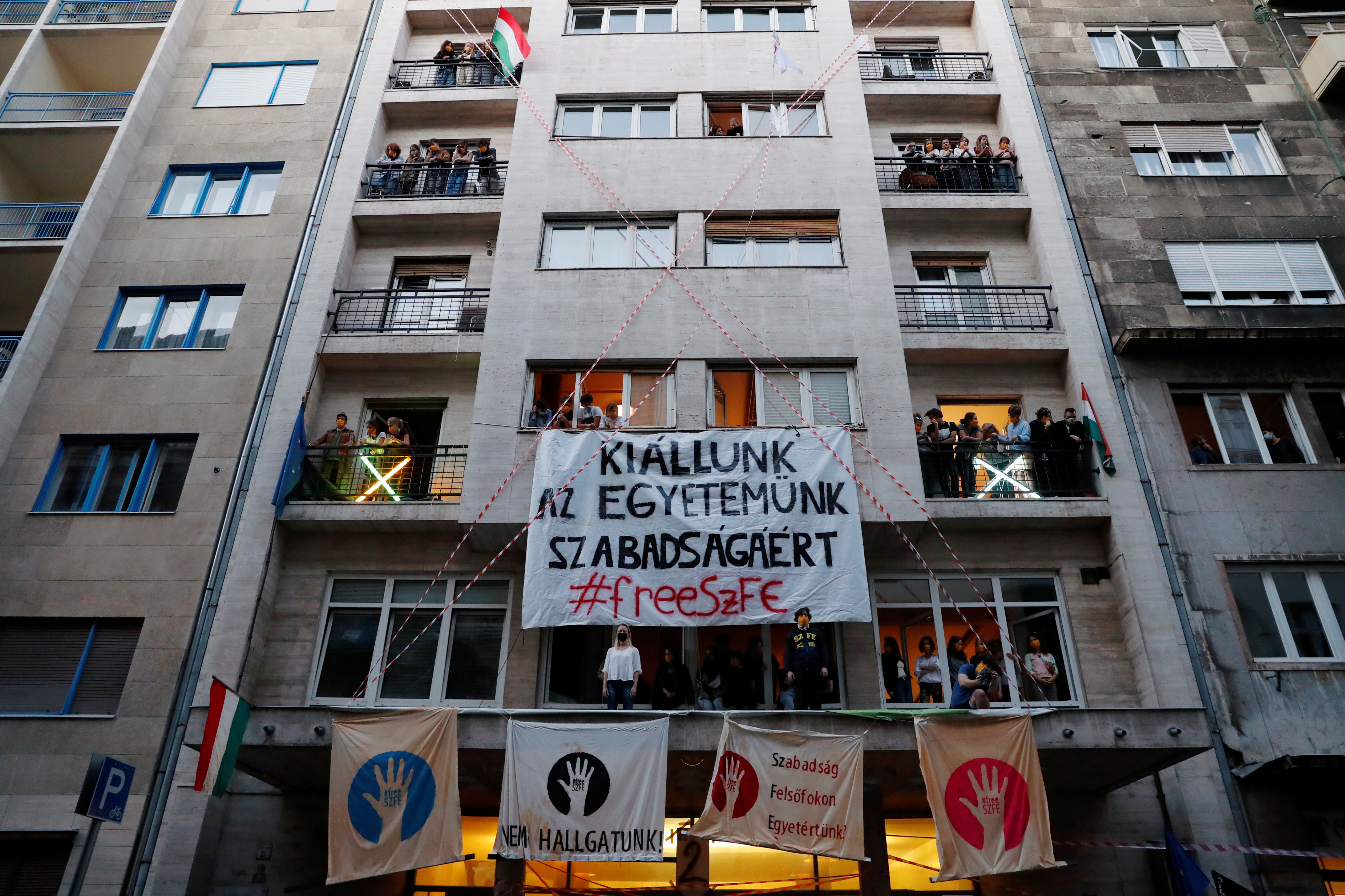 People attend a protest in support of the students of the University of Theatre and Film Arts during their blockade in Budapest
