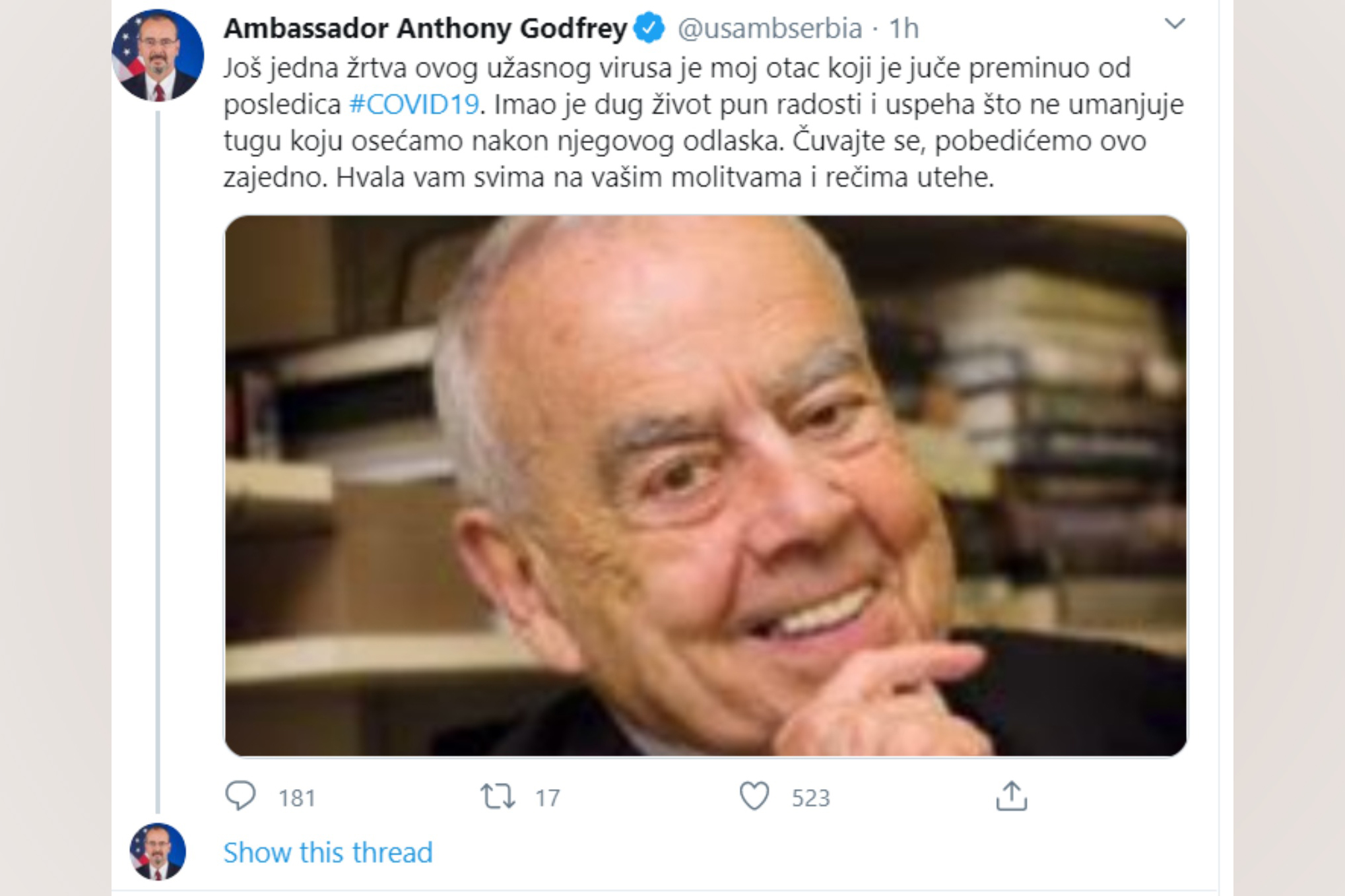 Entoni Godfri, ambasador Amerike u Srbiji Foto: Printscreen/Twitter/Ambassador Anthony Godfrey