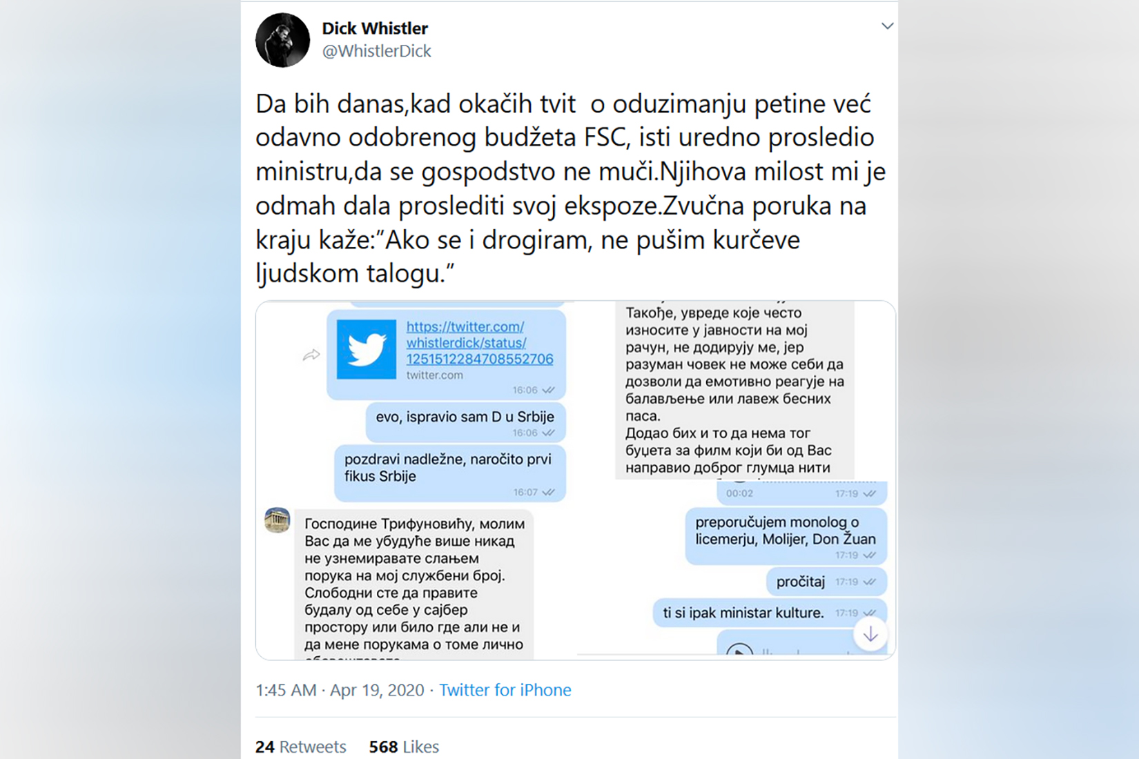 Sergej Trifunović, tviter, tvit, komentar Foto: Printscreen/Twitter/Dick Whistler
