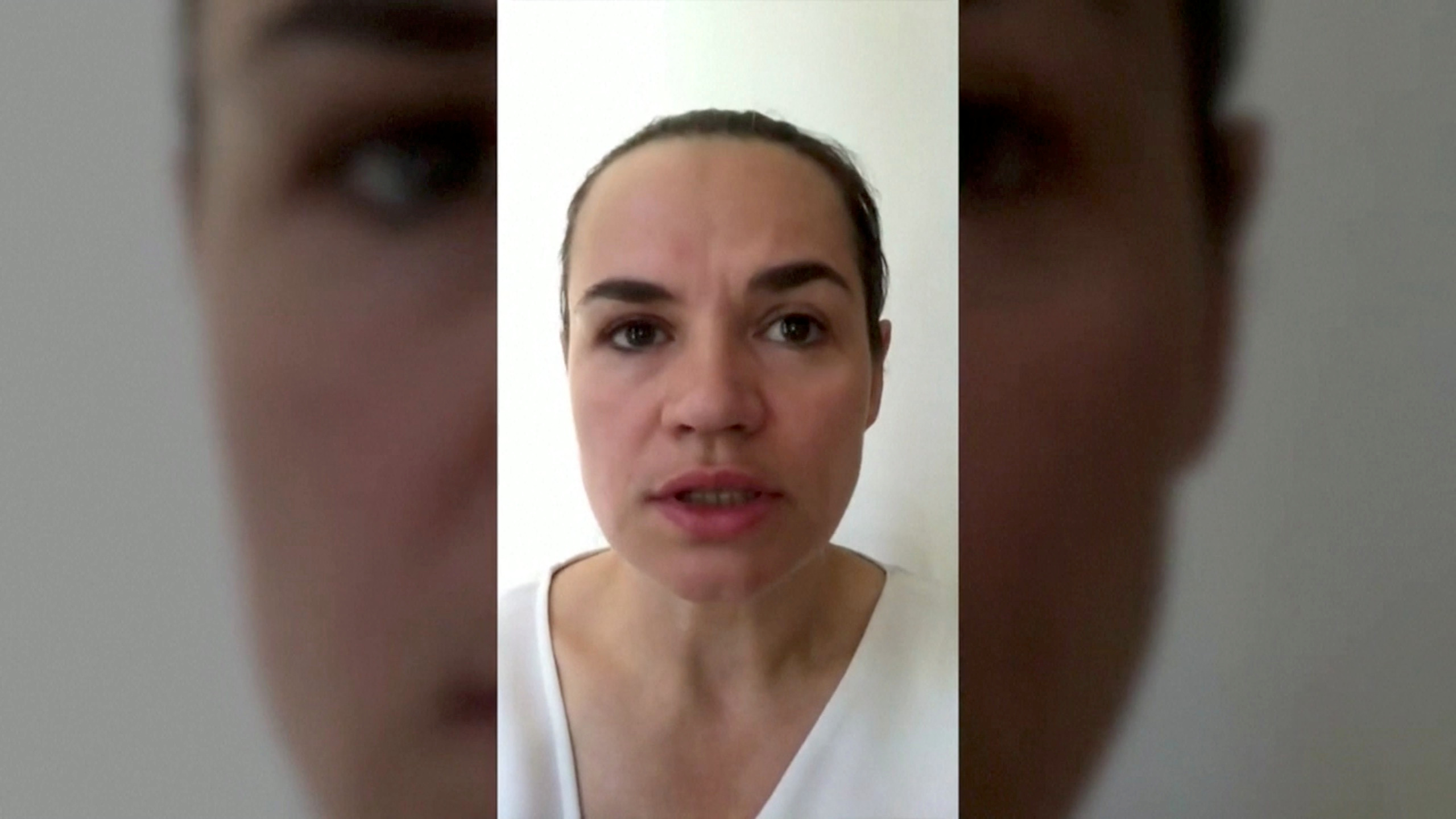 Belarusian opposition leader Tikhanouskaya speaks in a video message in an unknown location