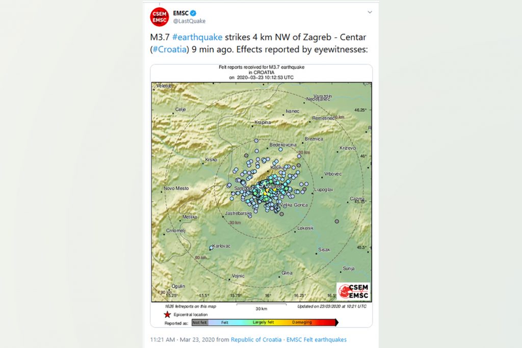 Zagreb, Hrvatska, zemljotres Foto: Printscreen/Twitter/EMSC