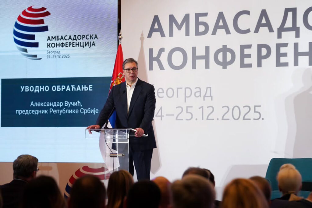 24, decembar 2025, Beograd - Predsednik Republike Srbije Aleksandar Vucic otvoro je Ambasadorsku konferenciju koju organizuje Ministarstvo spoljnih poslova Republike Srbije.