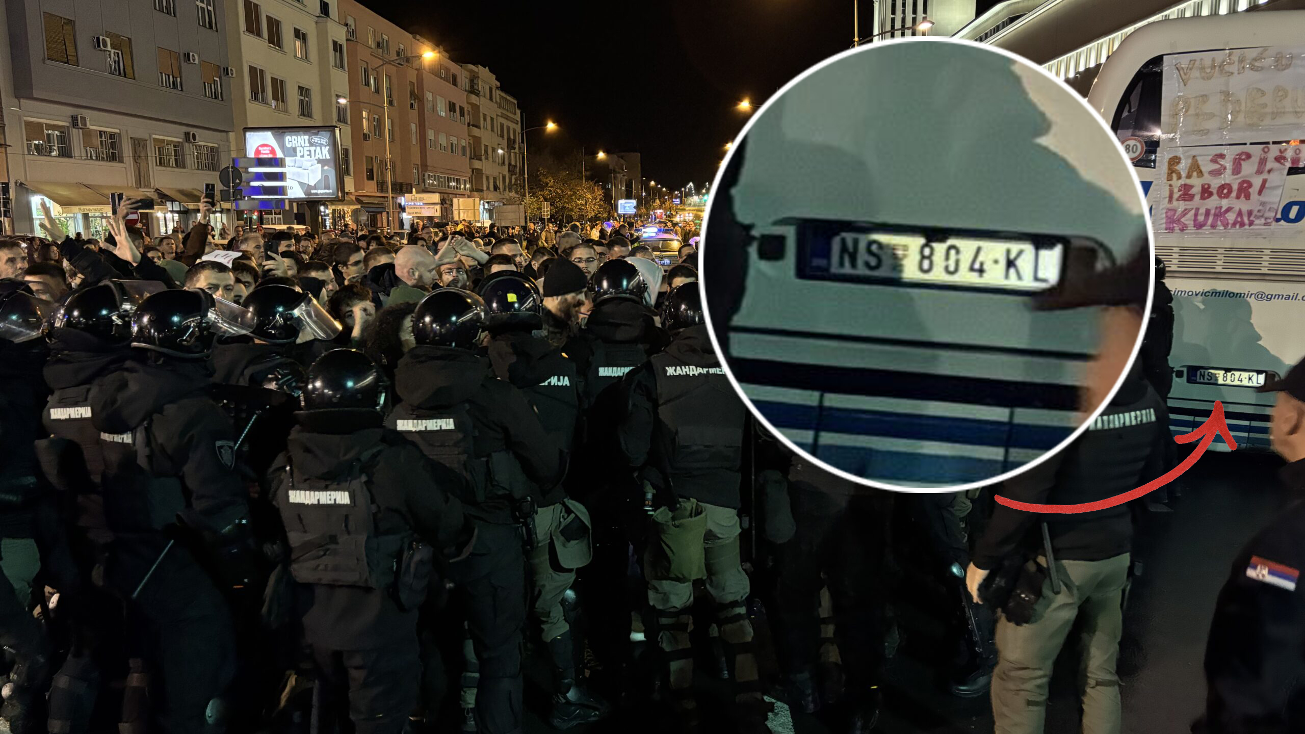 Novi Sad 17. novembar 2025. Guranje gradjana i policije ispred Banovine, policija pokusava da odšlepa autobus Milomira Jaćimovića koji štrajkuje glađu Foto:Nova.rs