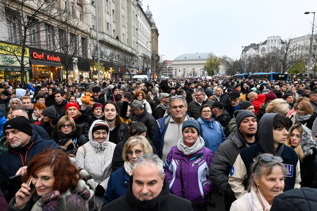 Participants attend the Hungarian opposition Tisza Party demonstration in support of abused children in Budapest, Hungary, Saturday, Dec. 13, 2025. (Robert Hegedus/MTI via AP)