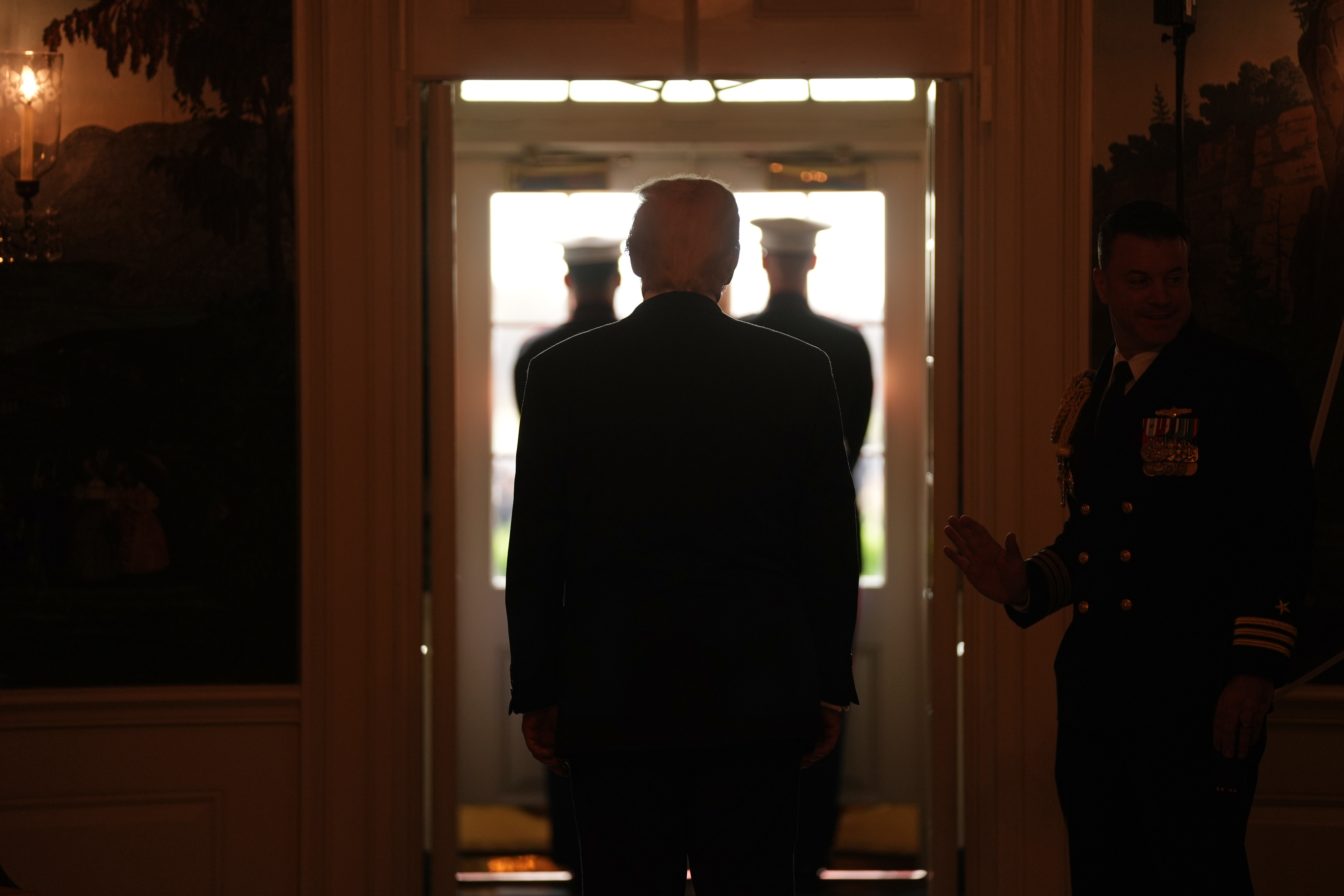 President Donald Trump waits in the Diplomatic Reception Room before he walks to the South Lawn to welcome Saudi Arabia's Crown Prince Mohammed bin Salman to the White House, Tuesday, Nov. 18, 2025, in Washington. (AP Photo/Evan Vucci)